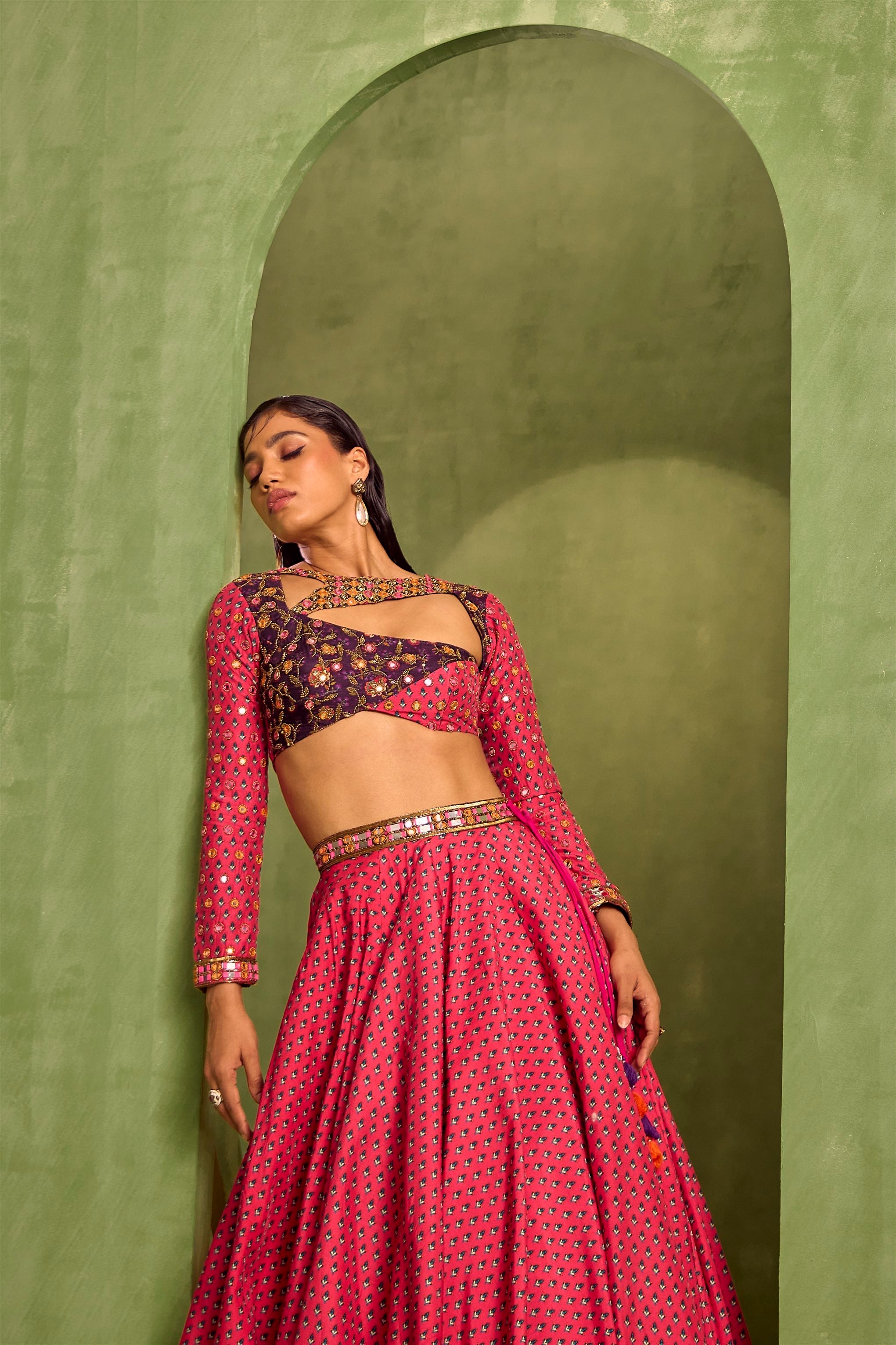 Pink Print Motif Asymmetric Cutwork Neck Lehenga And Blouse Set