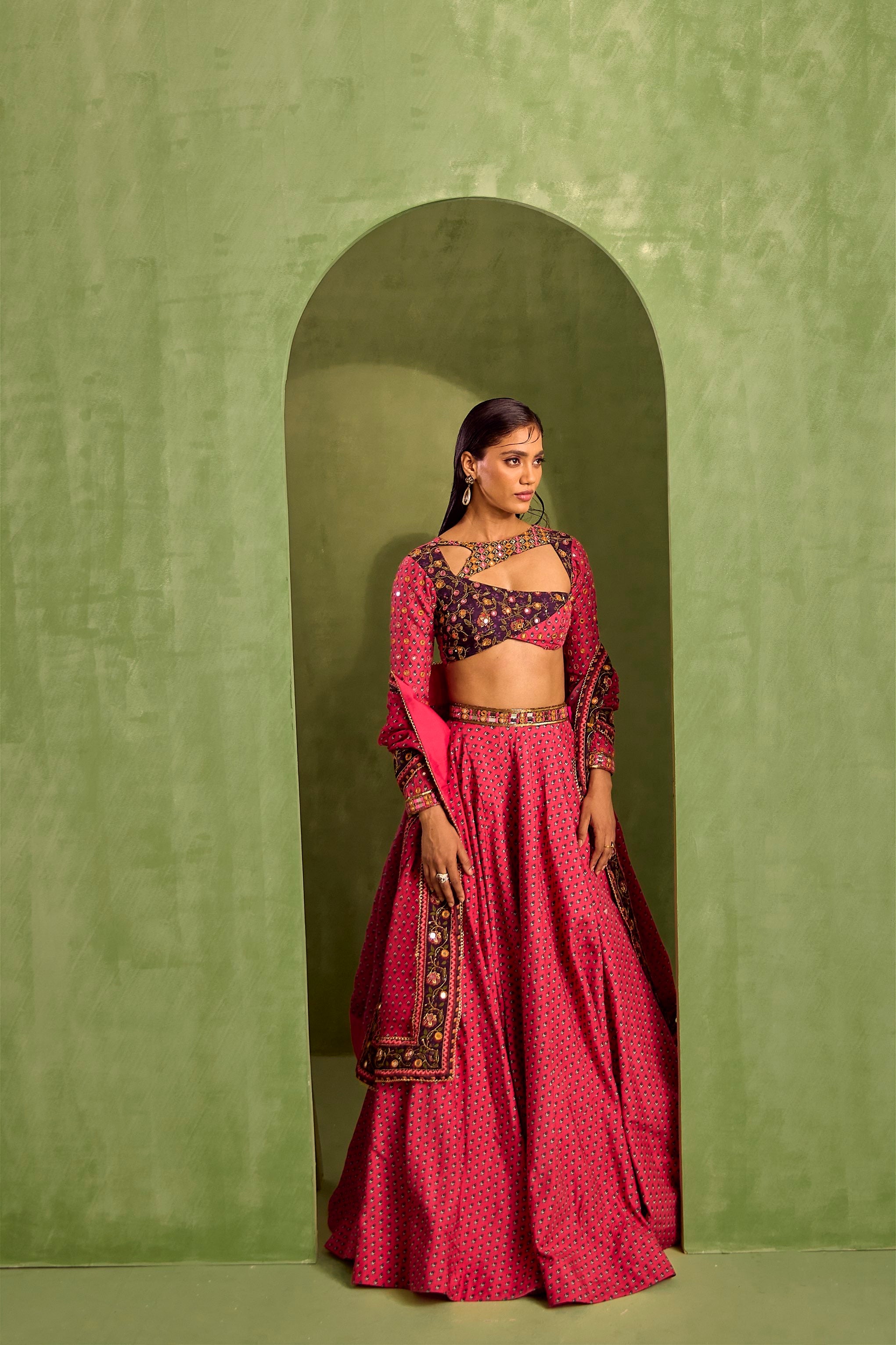 Pink Print Motif Asymmetric Cutwork Neck Lehenga And Blouse Set