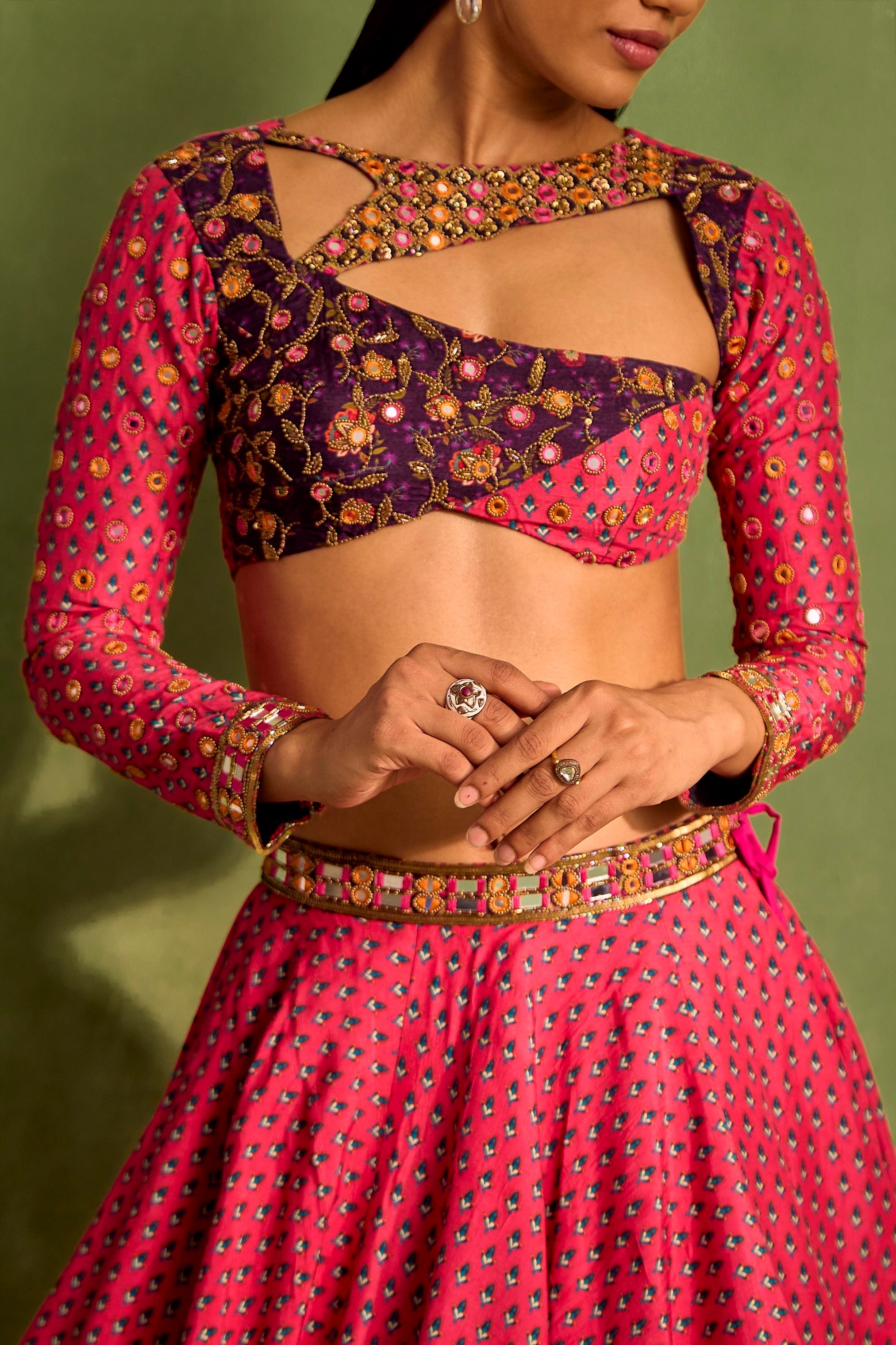 Pink Print Motif Asymmetric Cutwork Neck Lehenga And Blouse Set