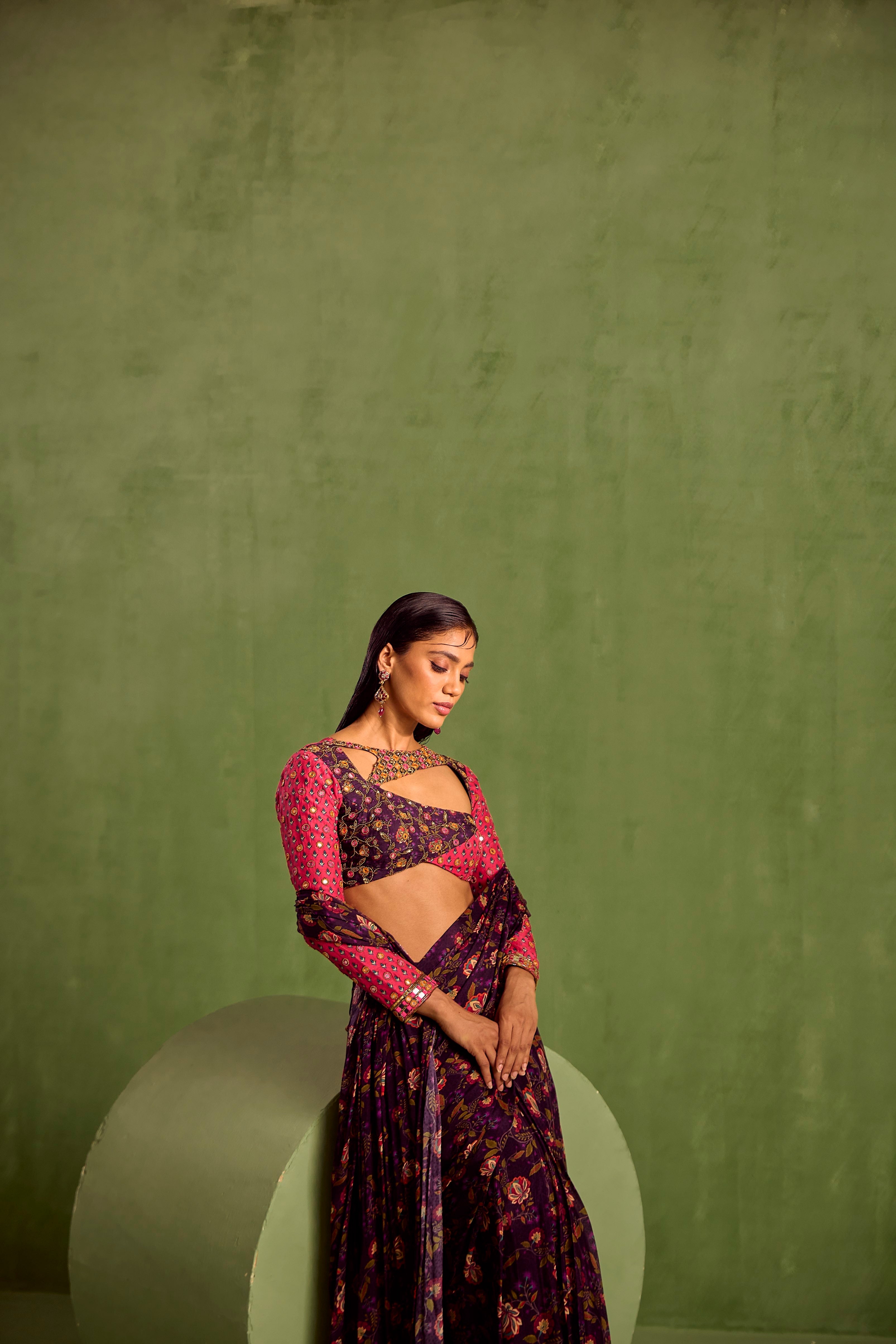Purple Print Floral Asymmetric Pre-draped Saree With Blouse