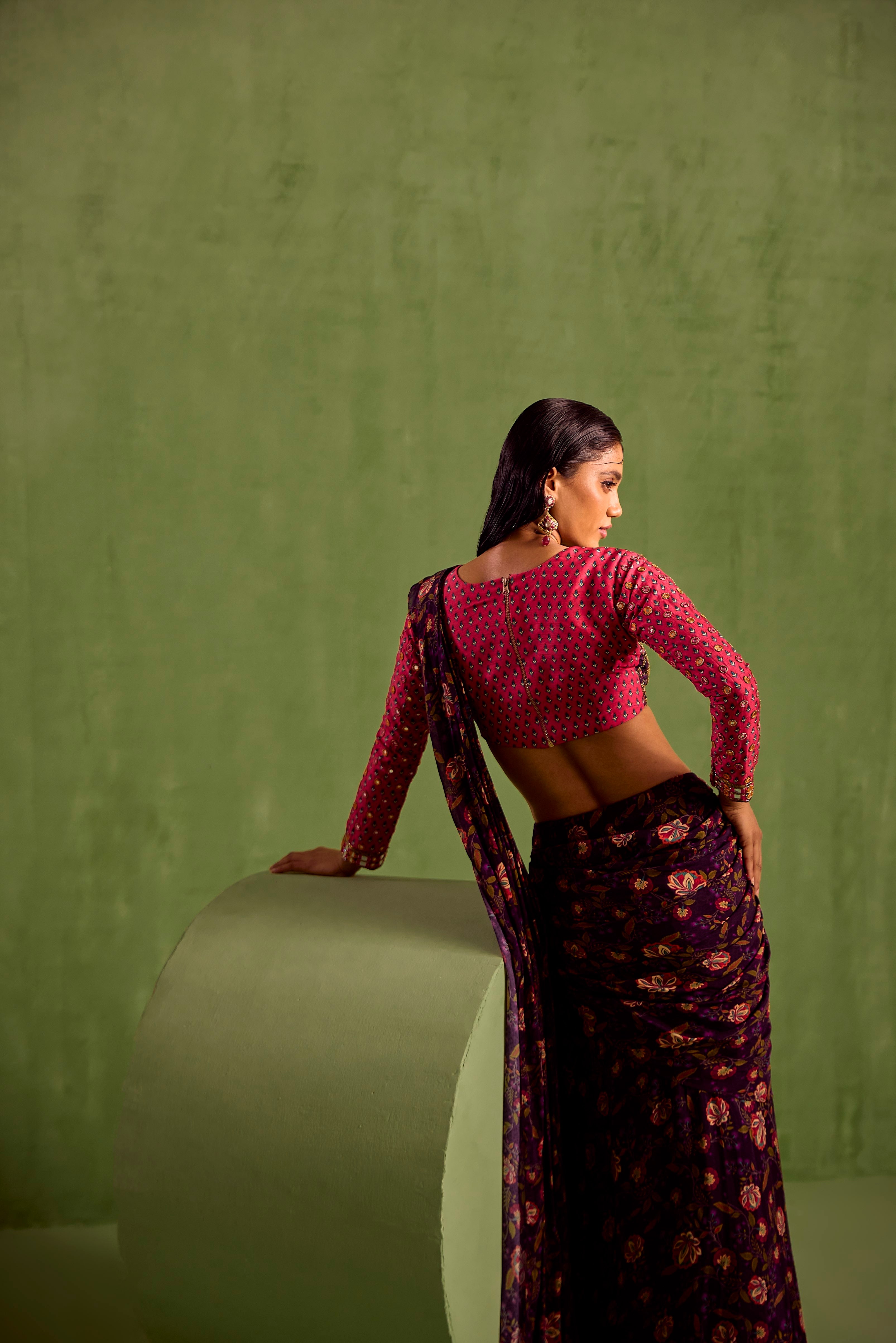 Purple Print Floral Asymmetric Pre-draped Saree With Blouse