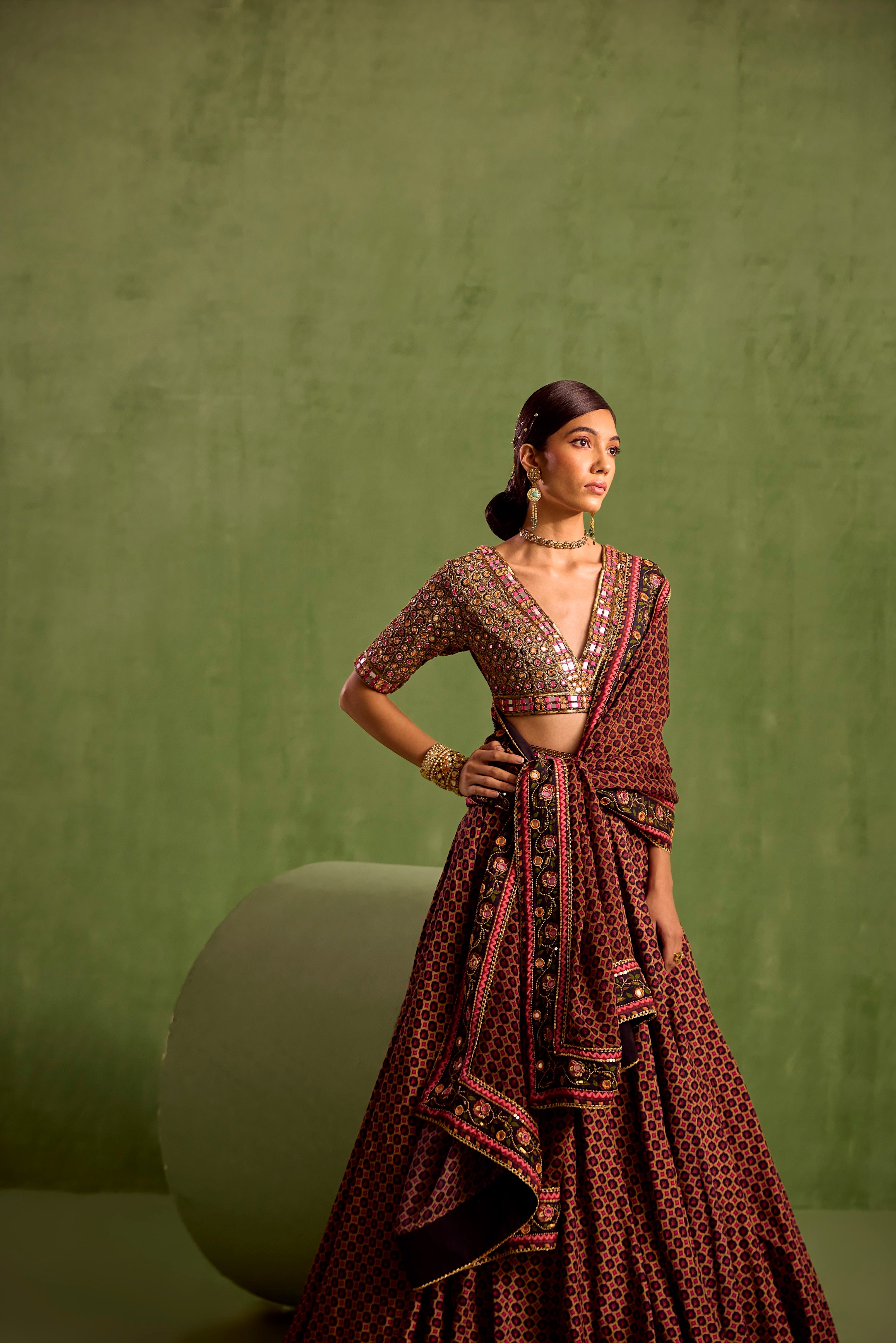 Black Print Butti V Neck Miniature Lehenga Set