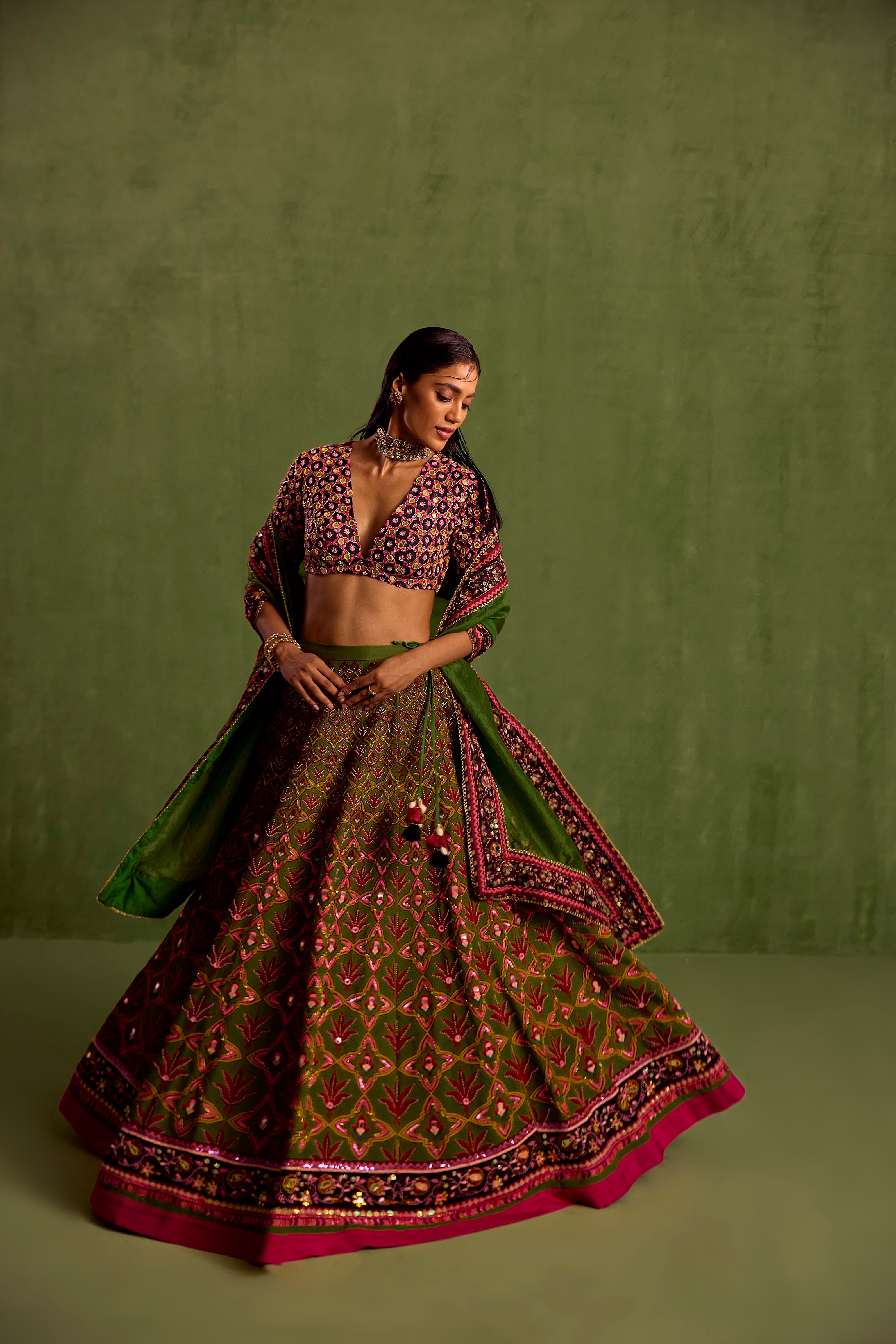 Green Print Quatrefoil Plunging V Hand Embroidered Lehenga Set