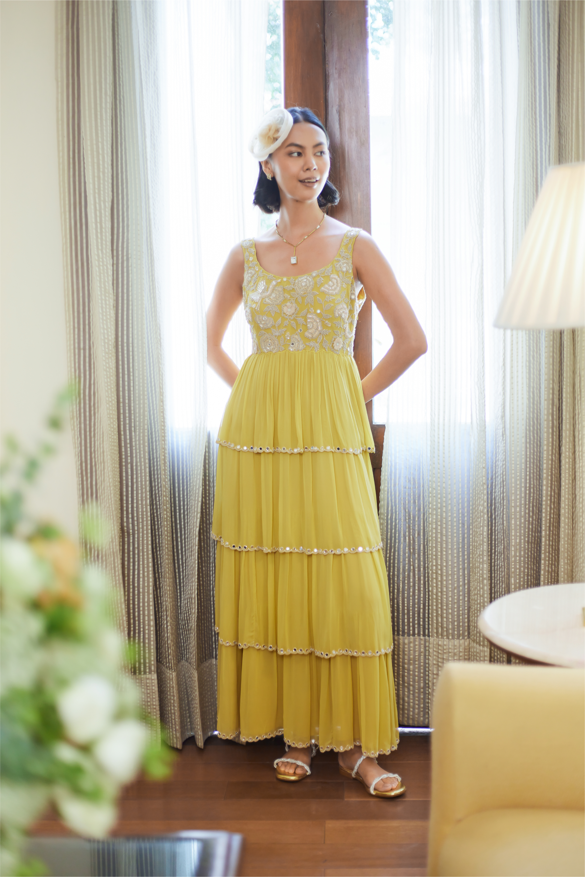 yellow garden party dress Lemon Yellow A Line Keyhole Long Bridesmaid Dress with Slit