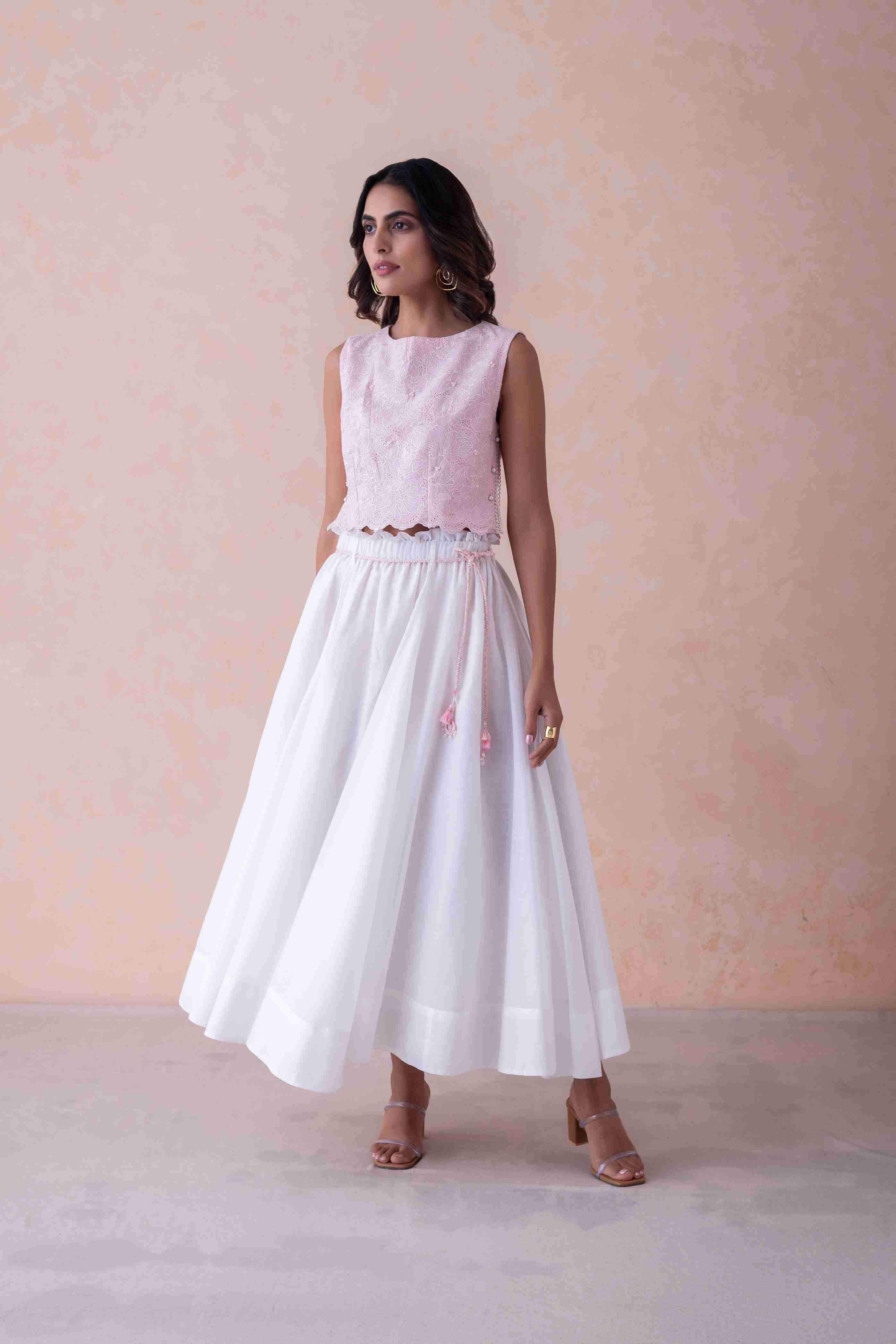 Blush Schiffli Cropped Top & White Flared Skirt with Hand-Braided Belt