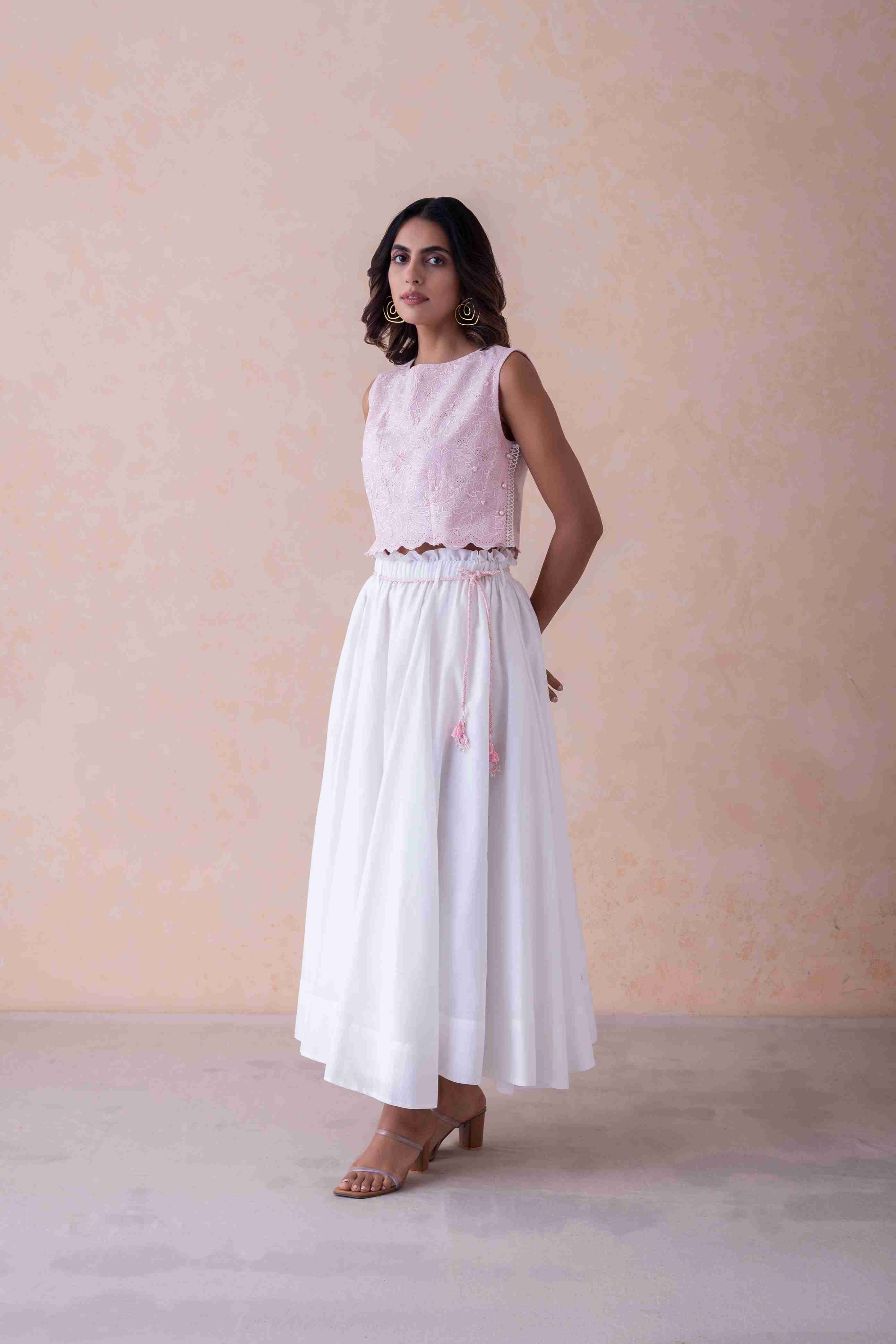 Blush Schiffli Cropped Top & White Flared Skirt with Hand-Braided Belt