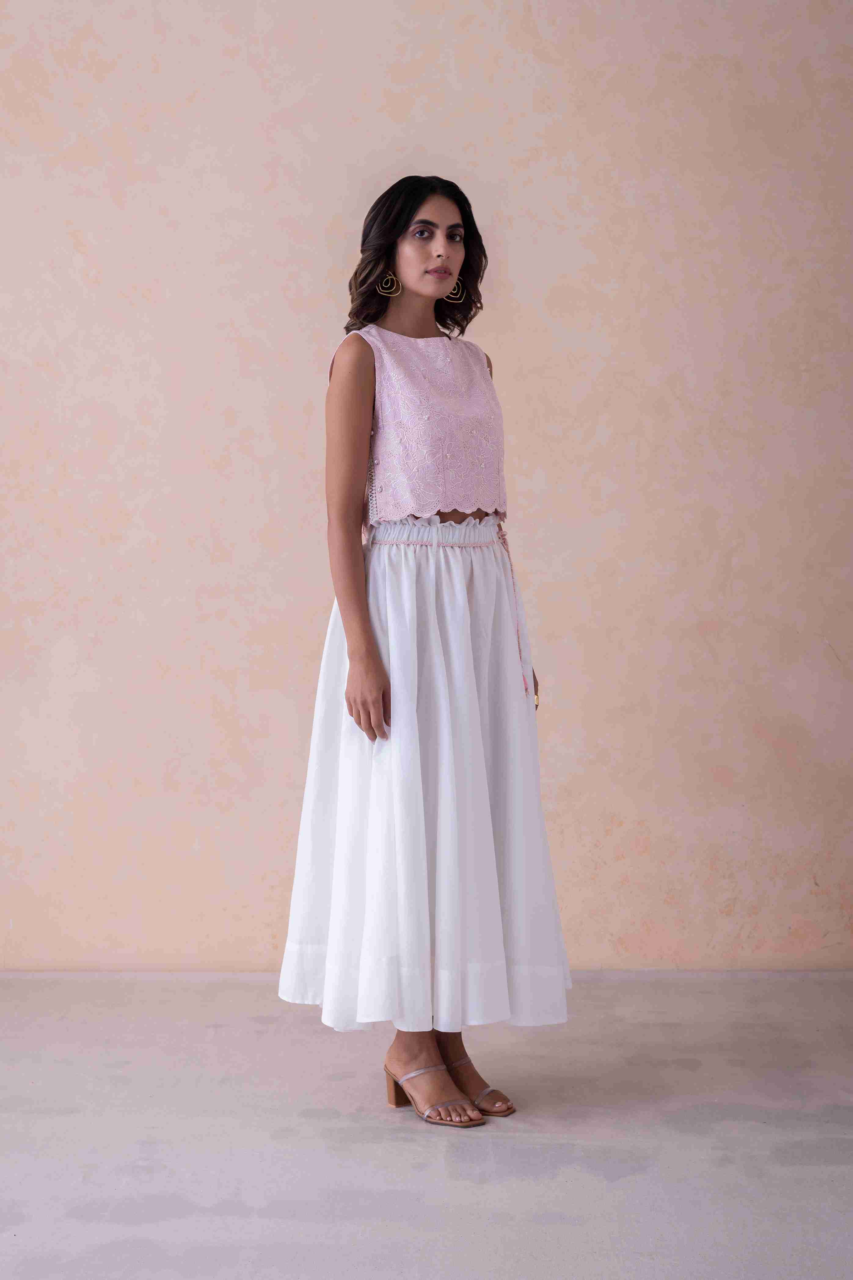 Blush Schiffli Cropped Top & White Flared Skirt with Hand-Braided Belt
