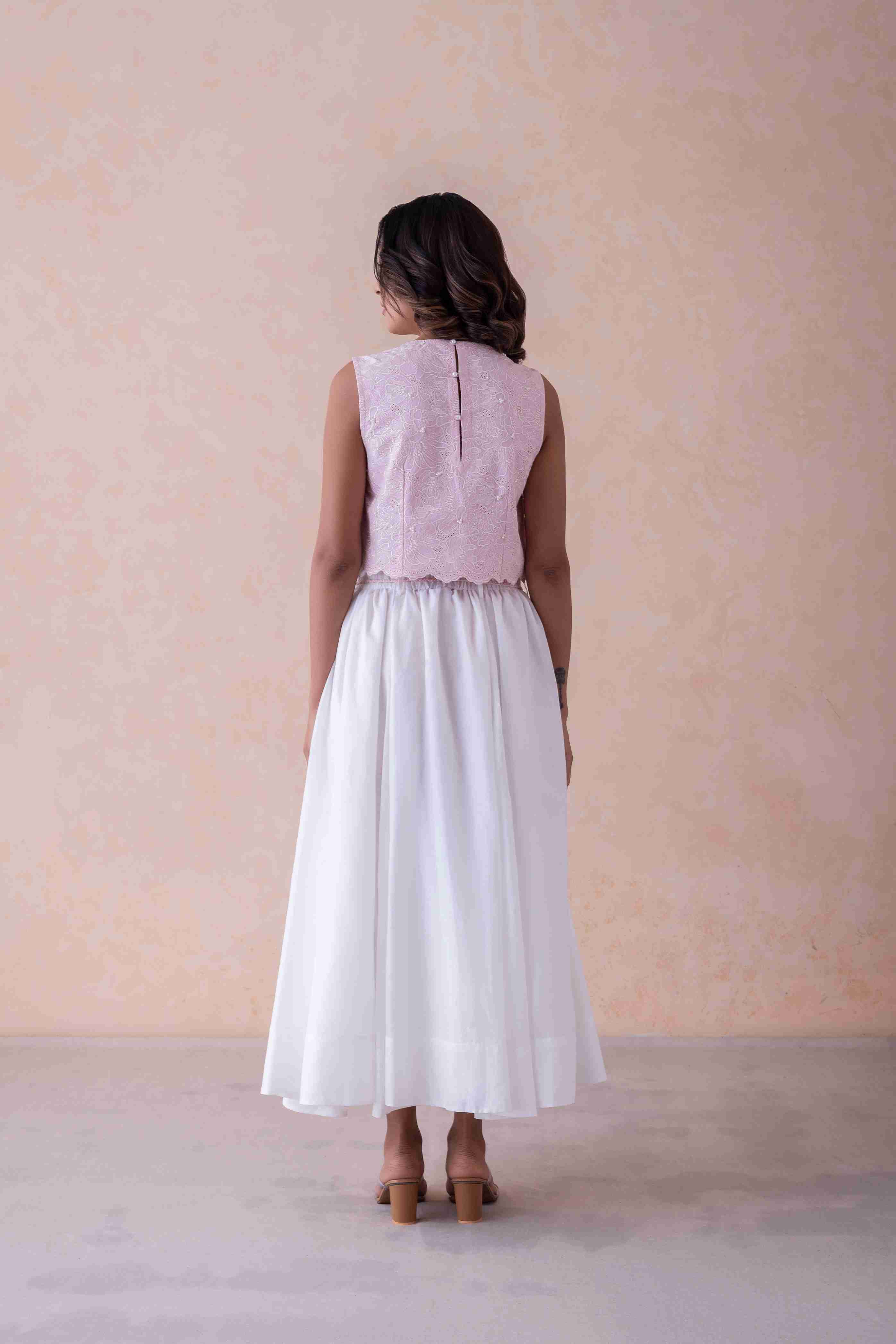 Blush Schiffli Cropped Top & White Flared Skirt with Hand-Braided Belt