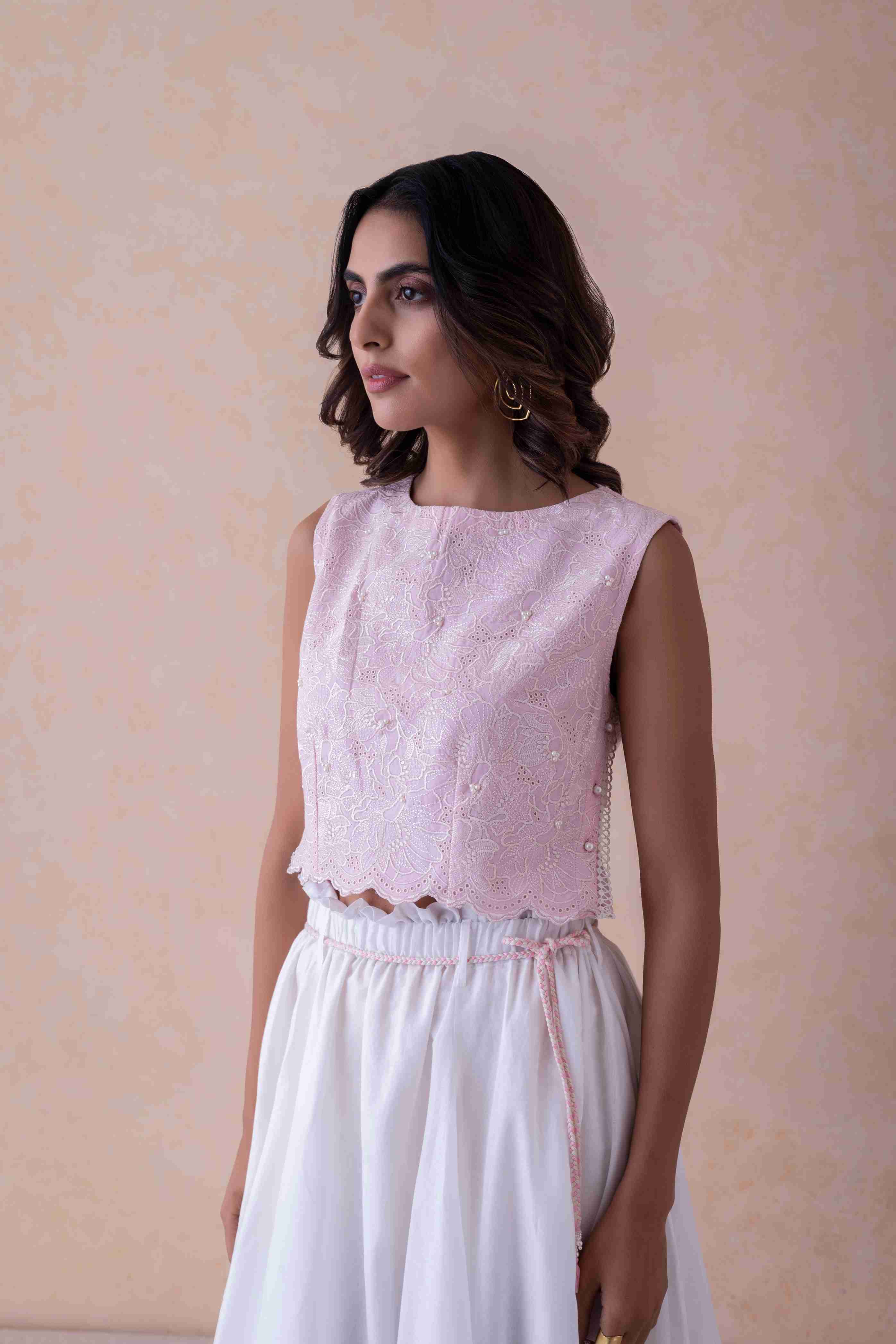 Blush Schiffli Cropped Top & White Flared Skirt with Hand-Braided Belt