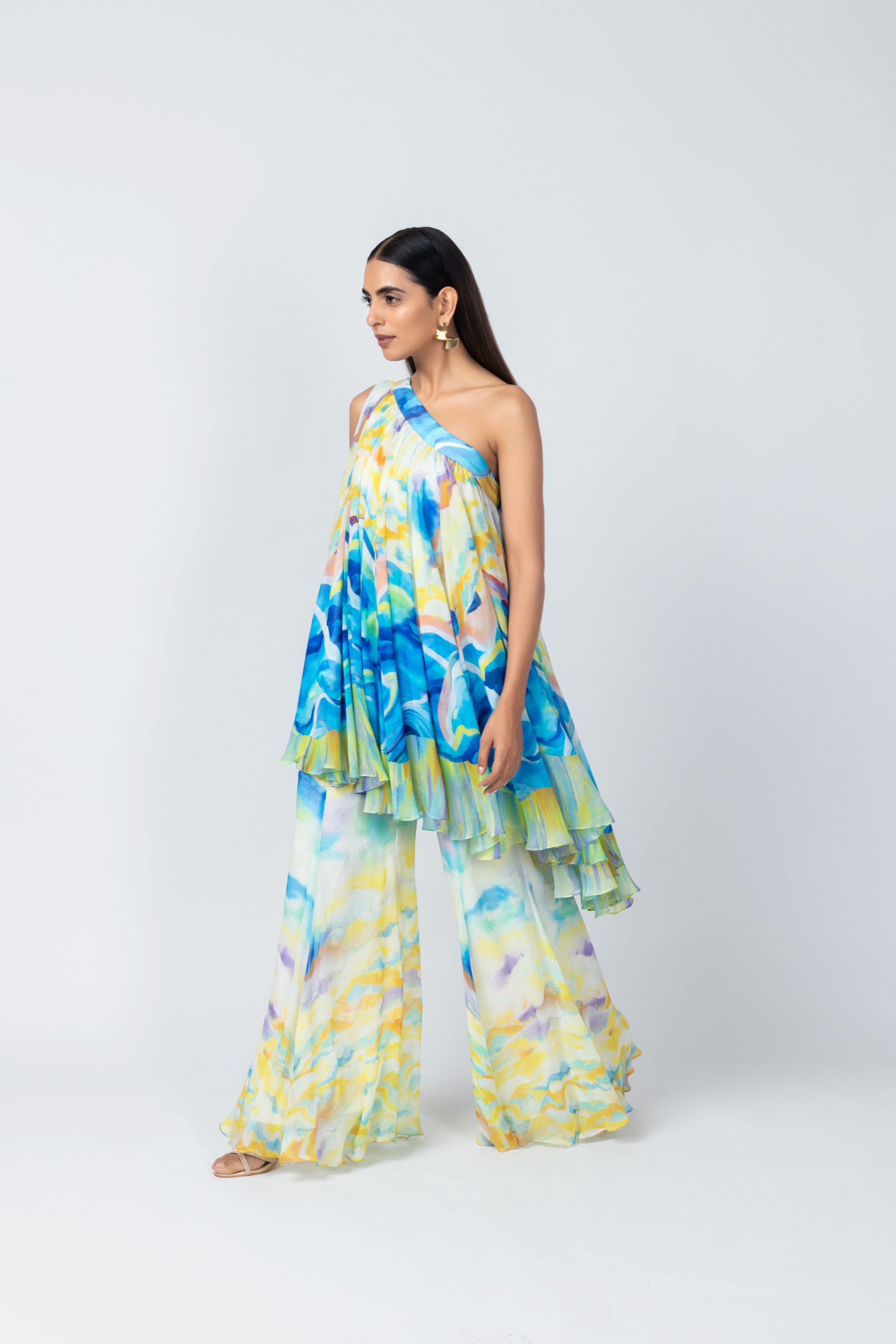 Multi color One-Shoulder Tunic with Flared Sharara