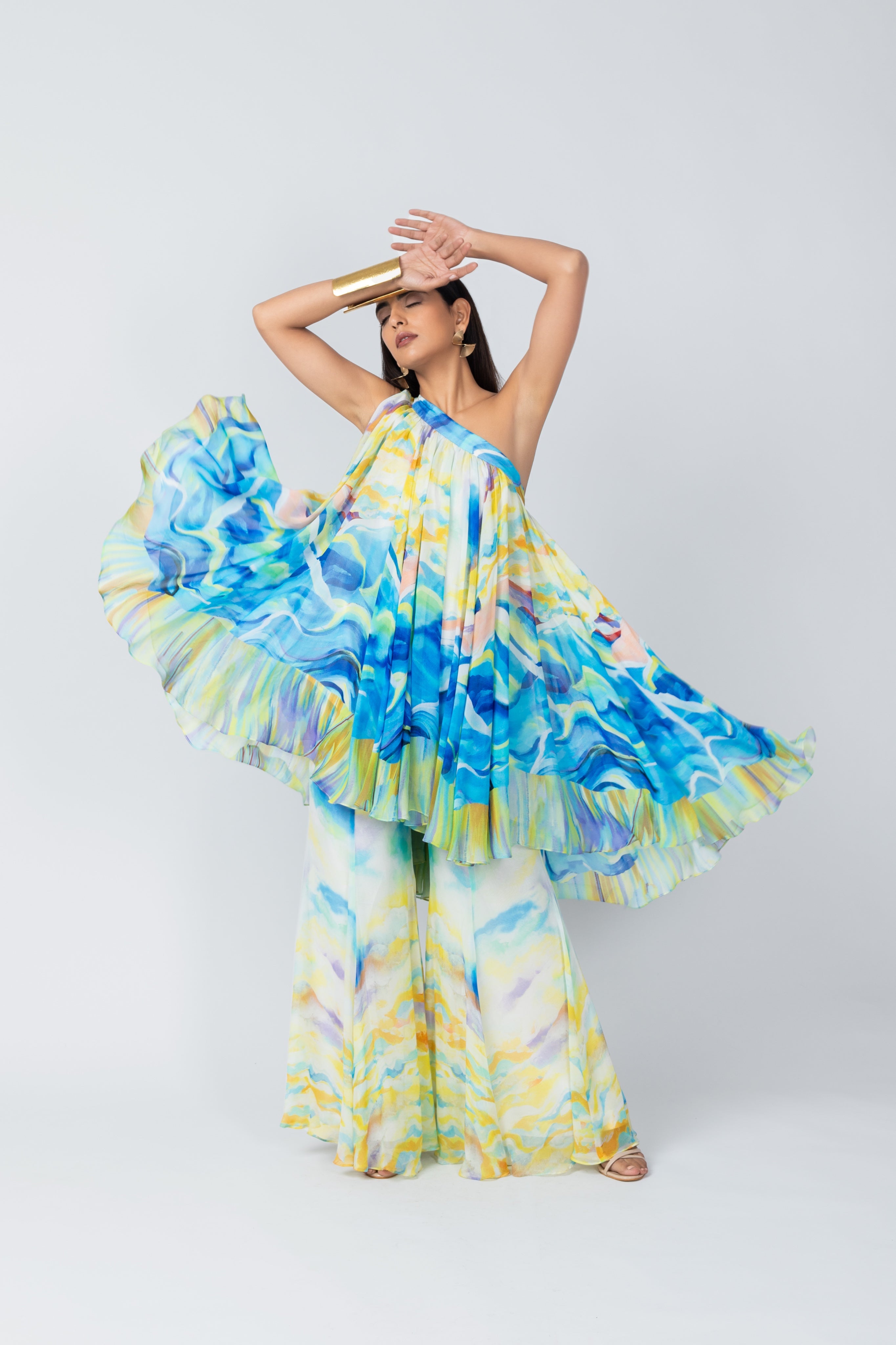 Multi color One-Shoulder Tunic with Flared Sharara