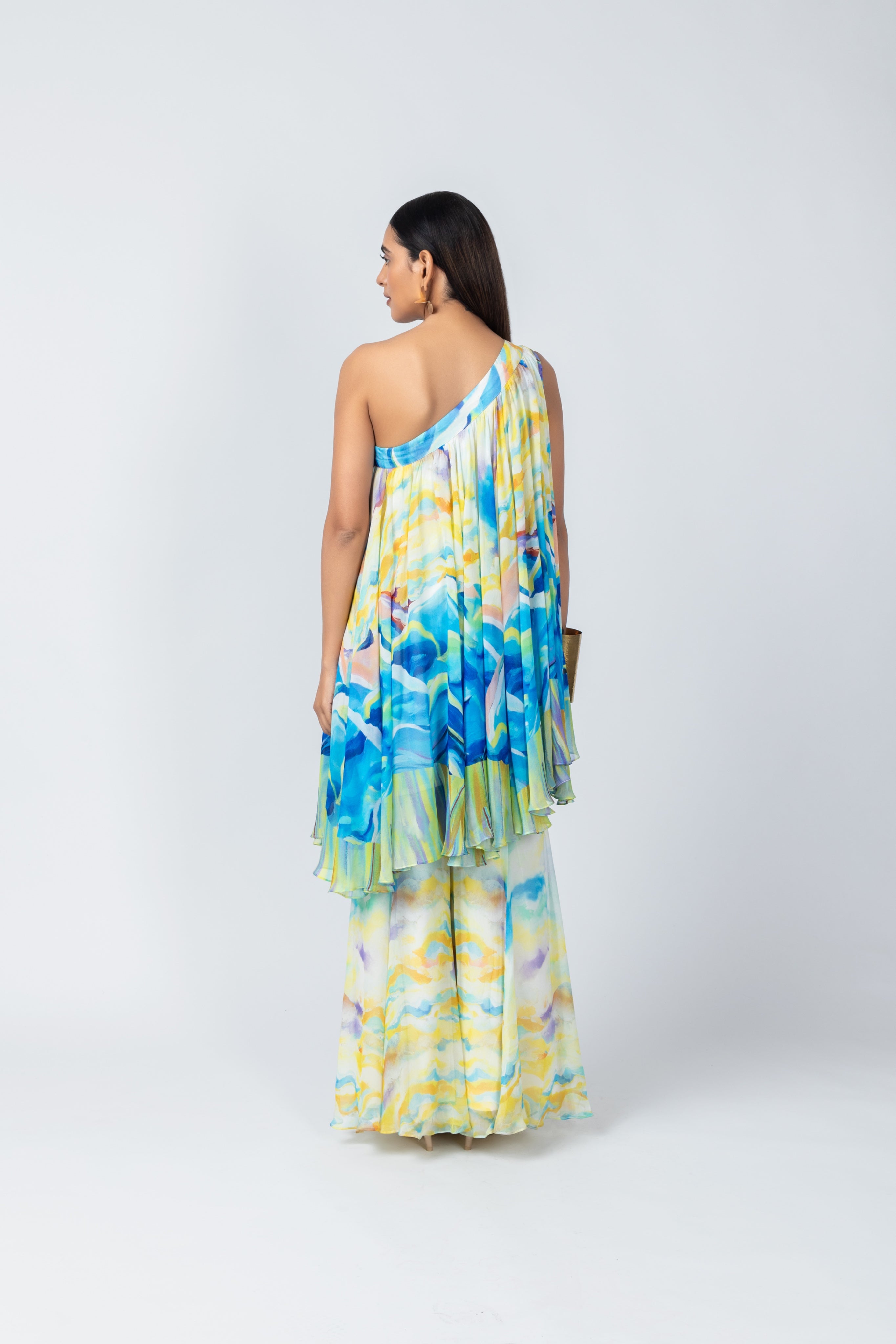 Multi color One-Shoulder Tunic with Flared Sharara