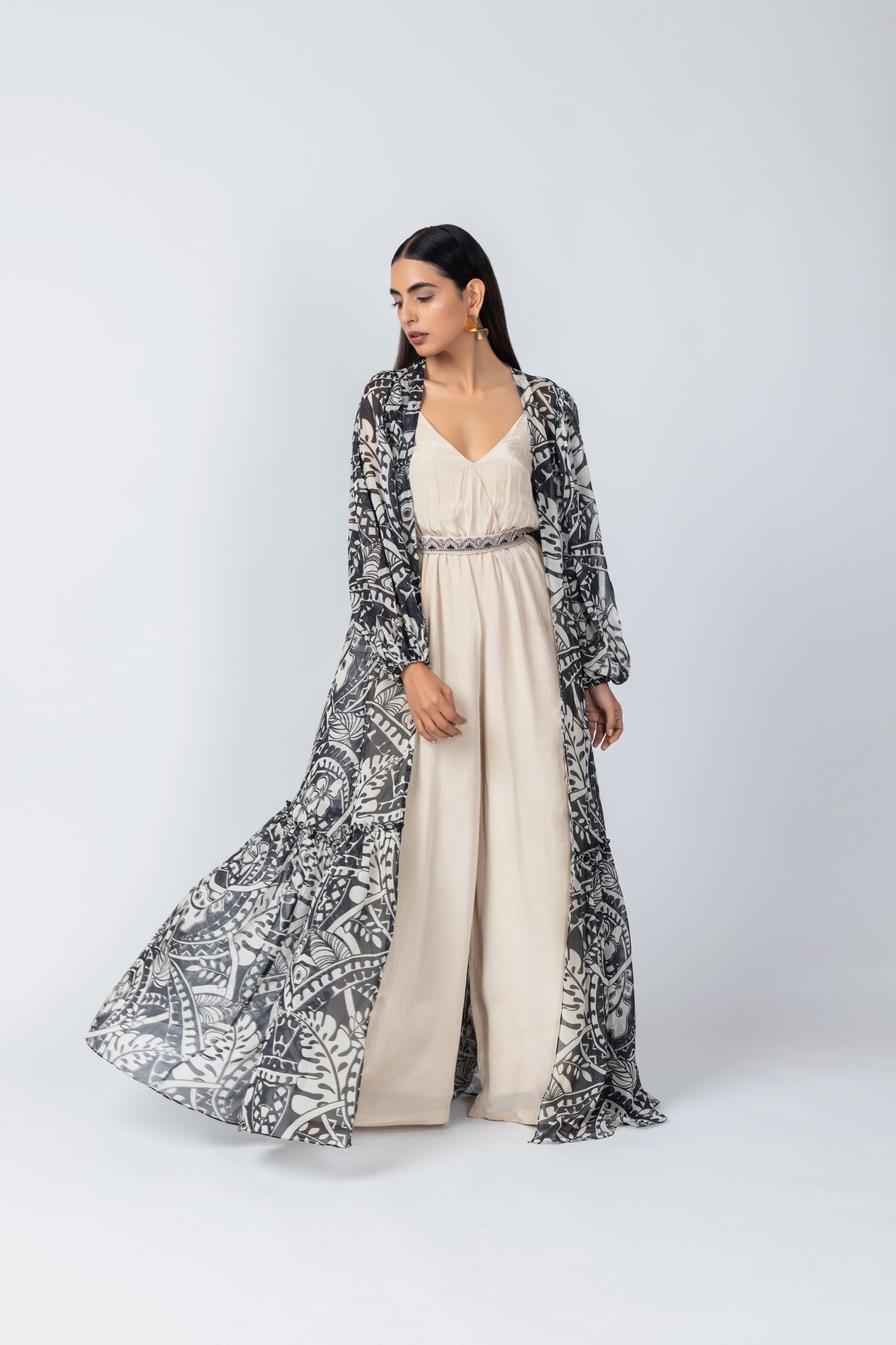 Geometric Motif Jumpsuit with Flowy Printed Jacket
