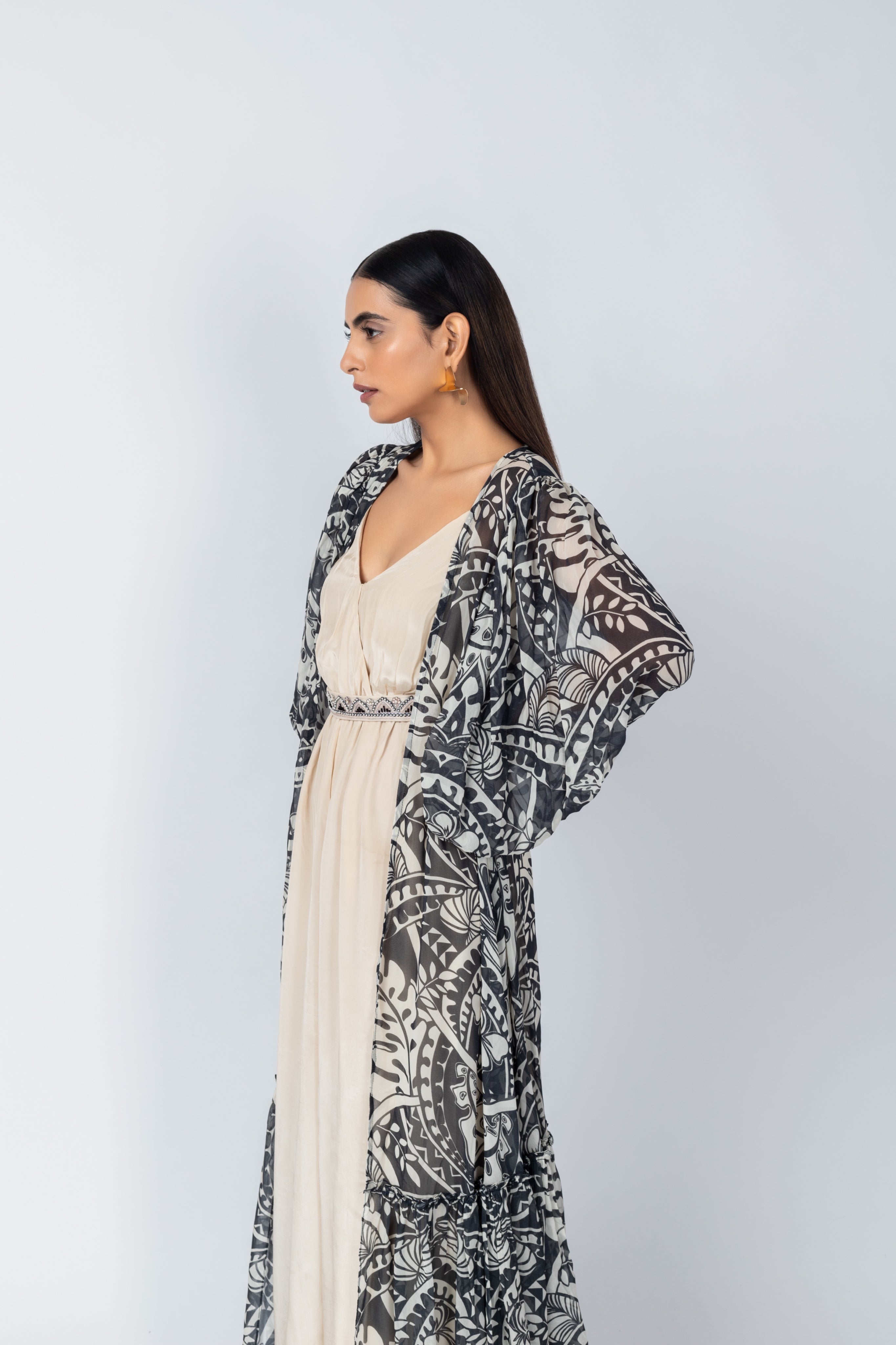 Geometric Motif Jumpsuit with Flowy Printed Jacket