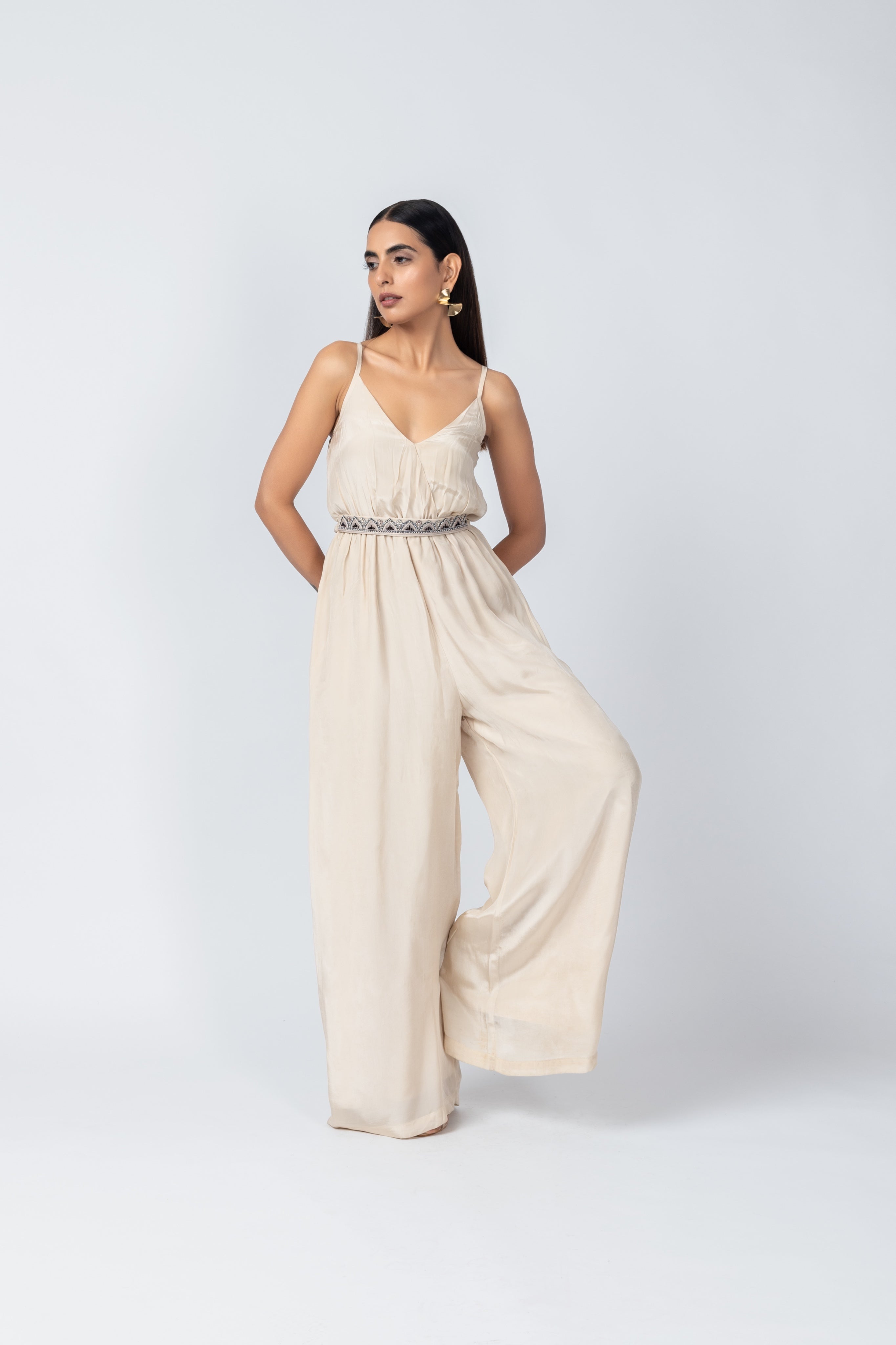 Geometric Motif Jumpsuit with Flowy Printed Jacket
