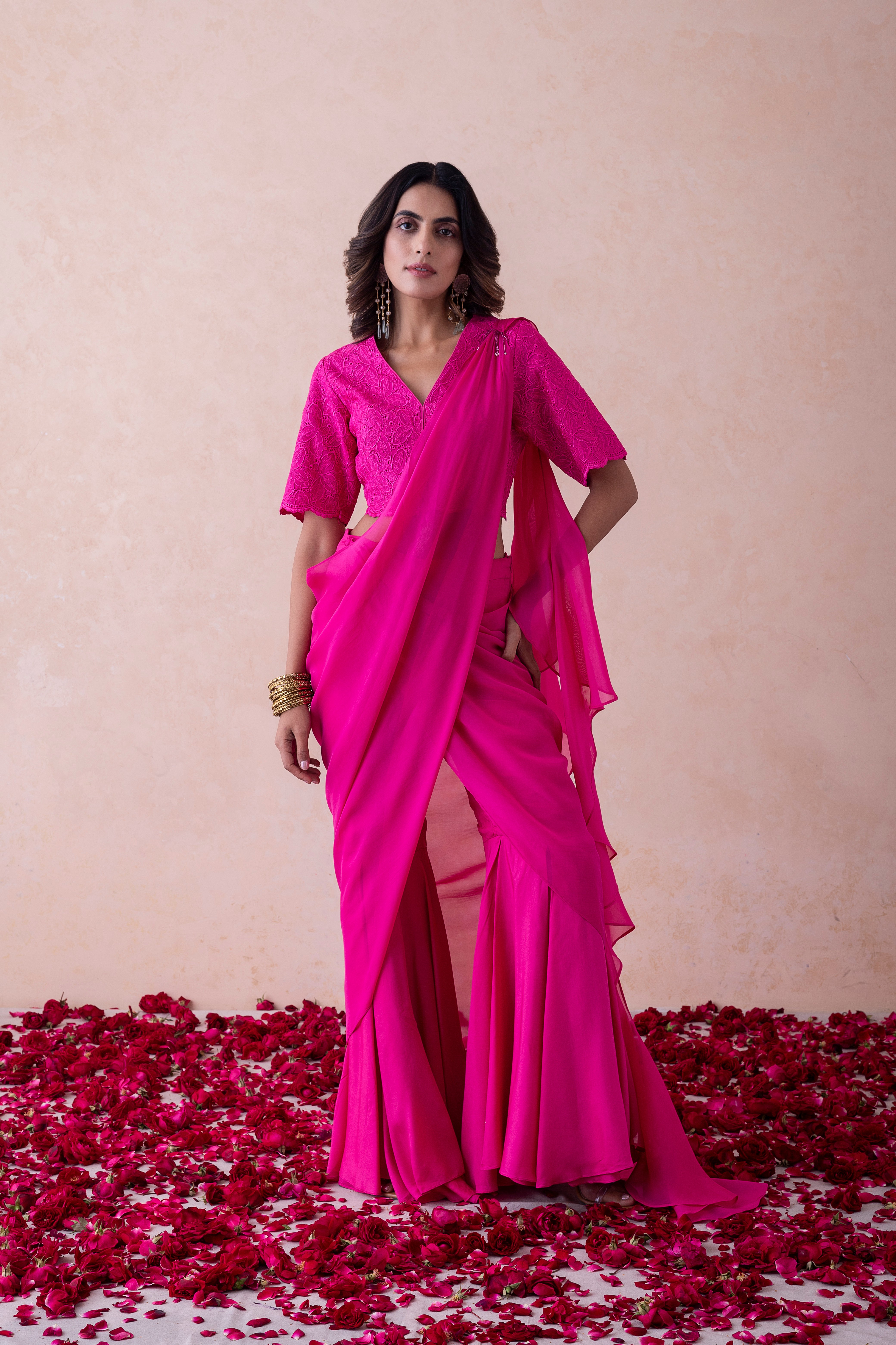 Hot Pink Organza Halter Neck schiffli embroidery Top & Sharara Set