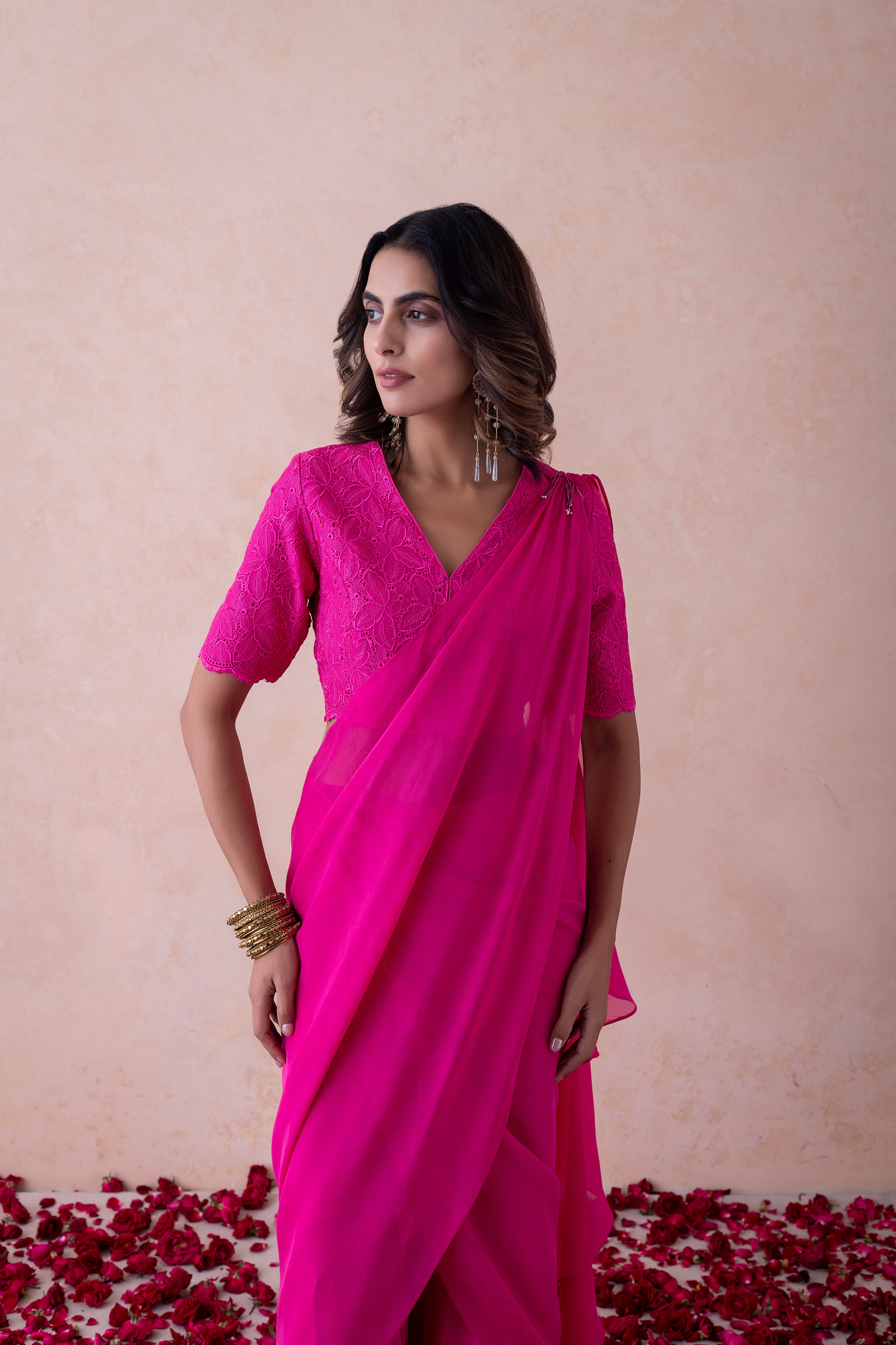 Hot Pink Organza Halter Neck schiffli embroidery Top & Sharara Set
