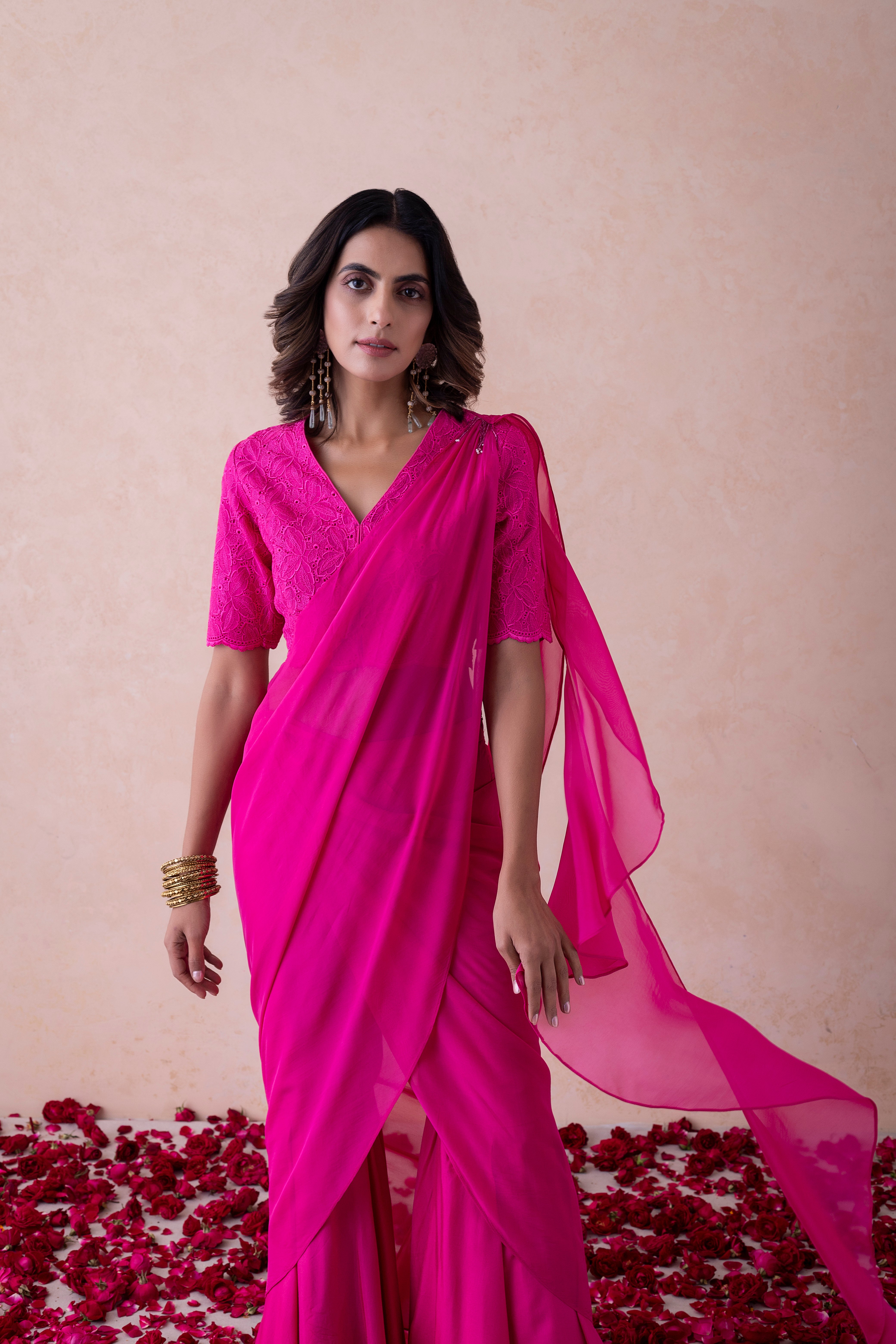 Hot Pink Organza Halter Neck schiffli embroidery Top & Sharara Set