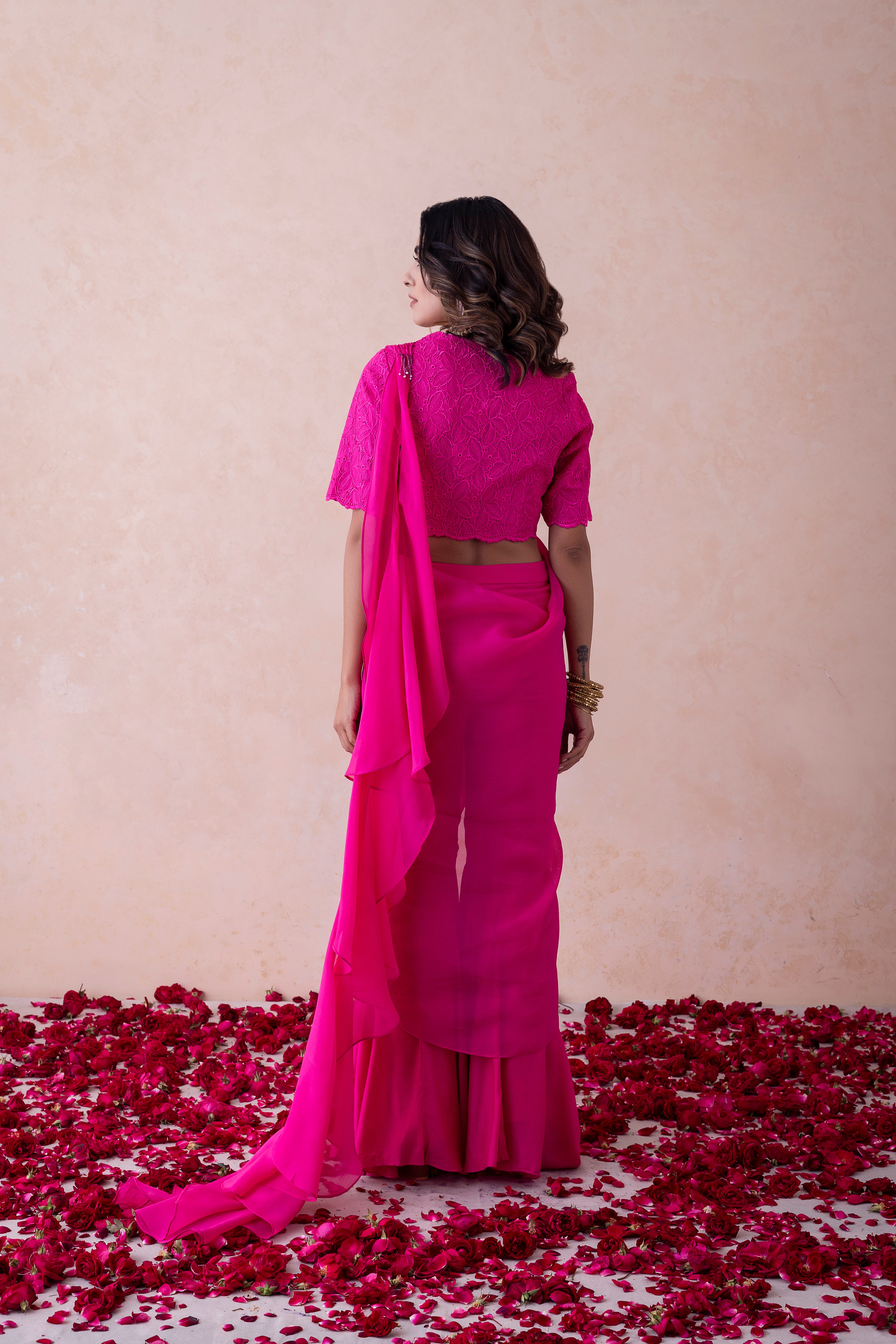 Hot Pink Organza Halter Neck schiffli embroidery Top & Sharara Set
