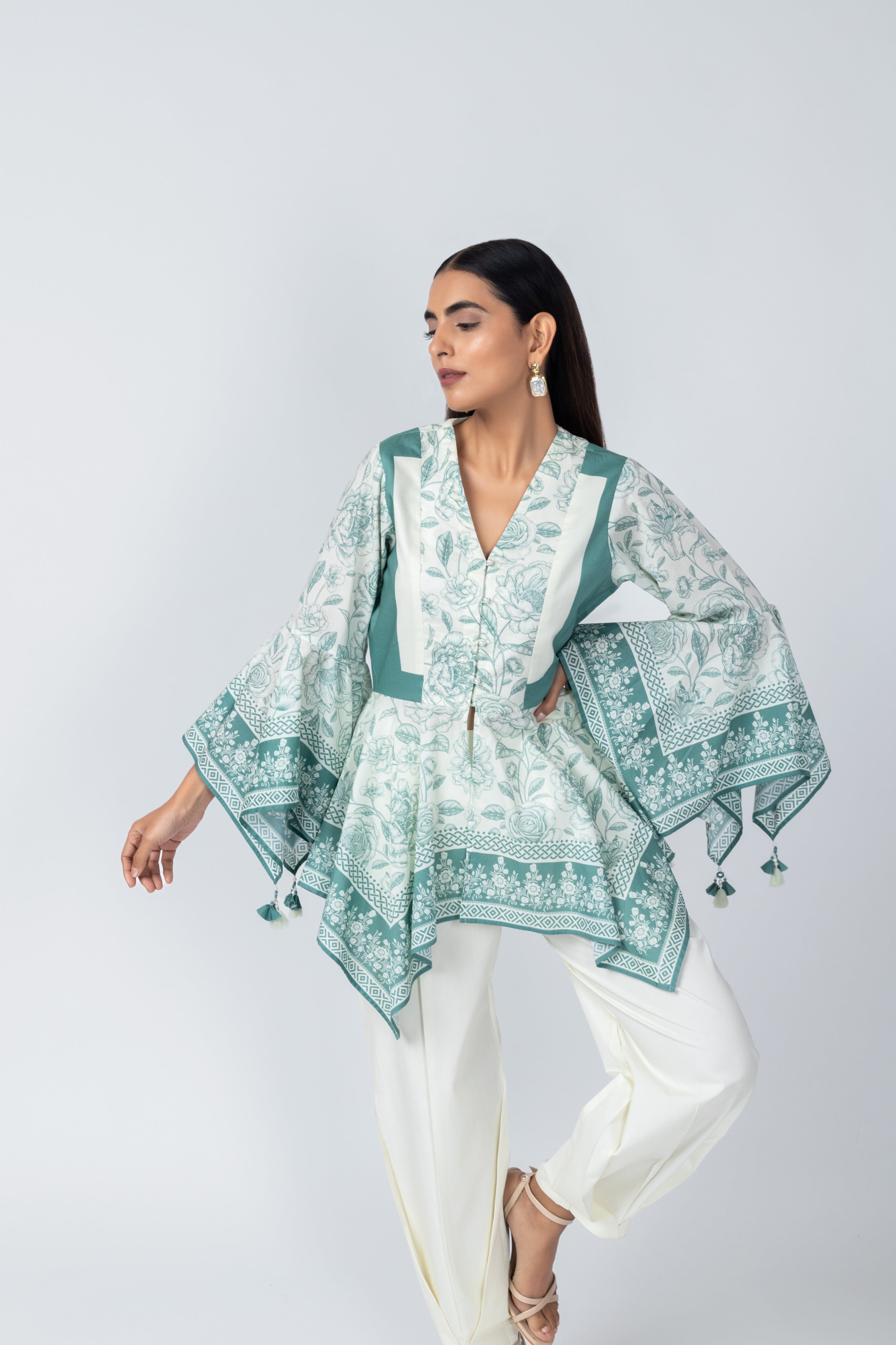 Flared Sleeves Delicate Tassel top with Ivory Crape Dhoti