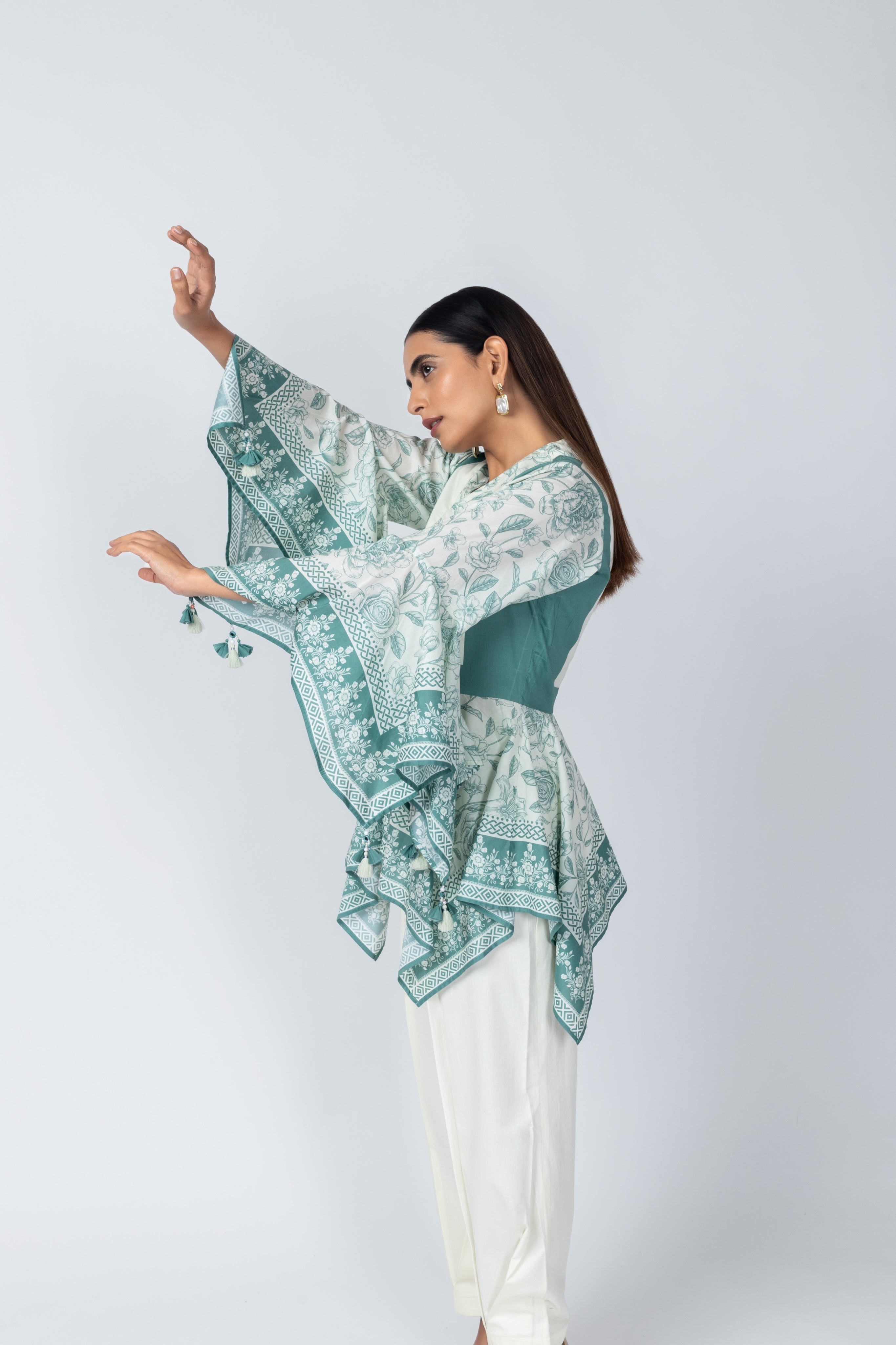 Flared Sleeves Delicate Tassel top with Ivory Crape Dhoti