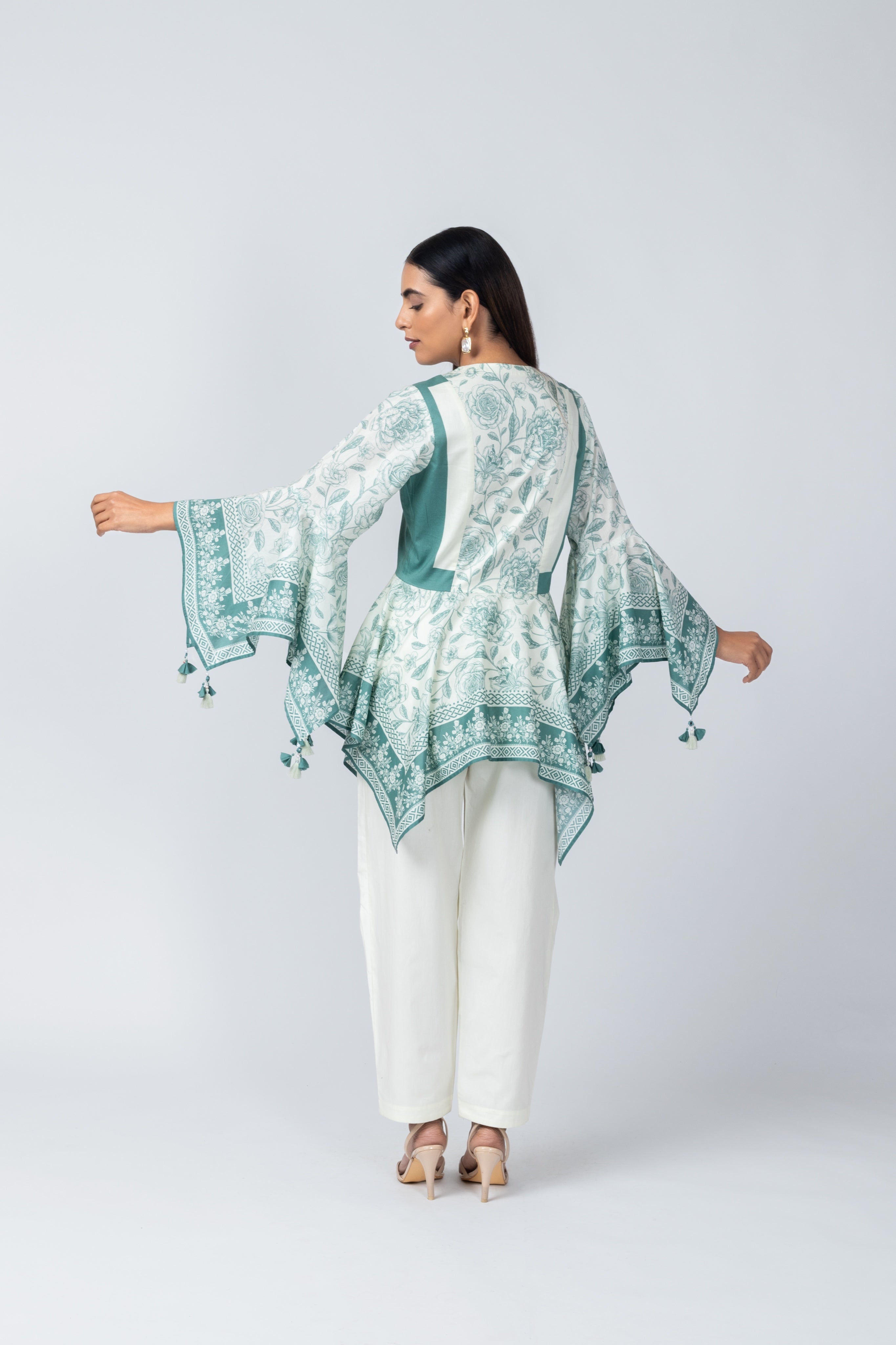 Flared Sleeves Delicate Tassel top with Ivory Crape Dhoti