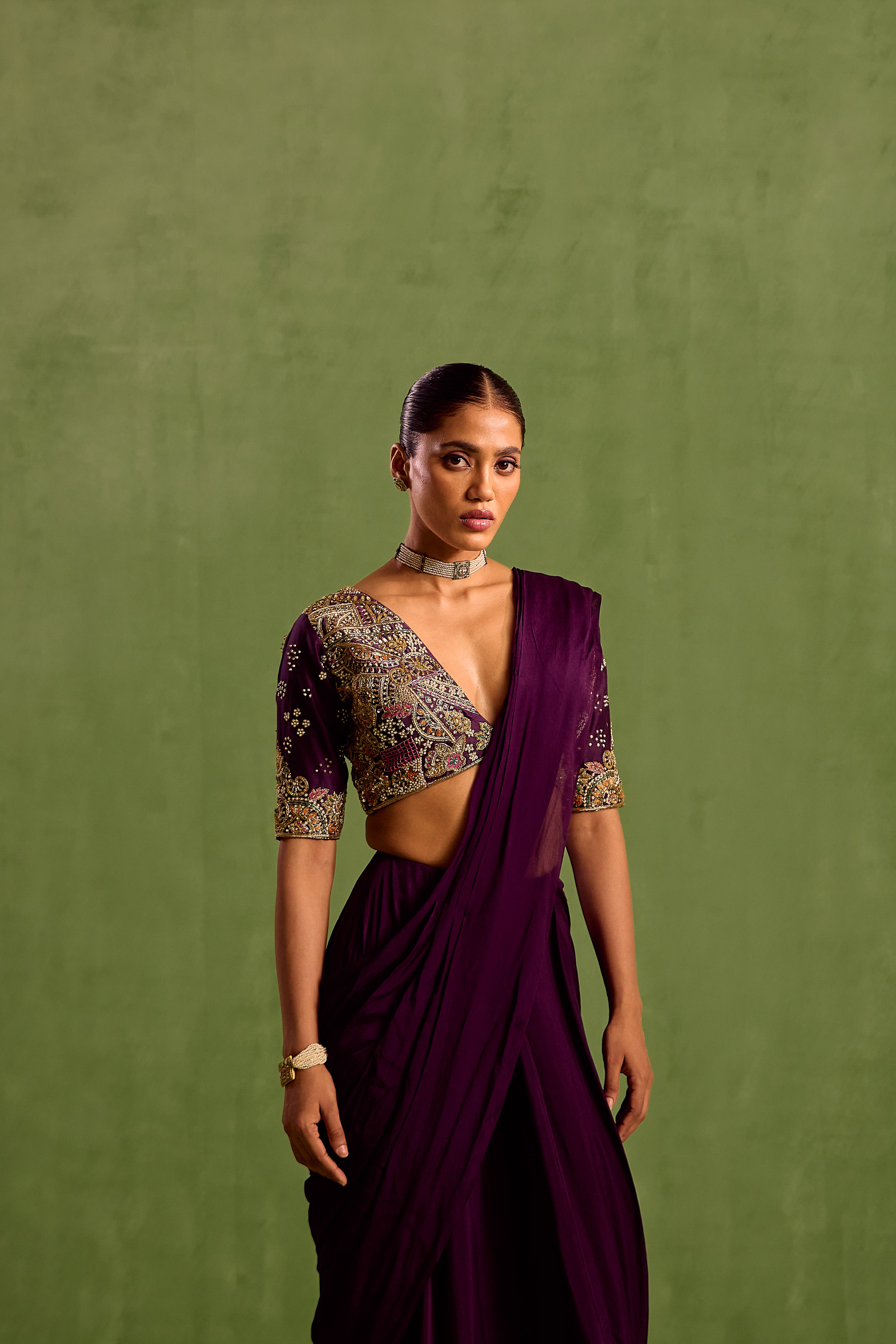 Purple Embroidered Blouse Pre-draped Saree With Abstract Hand