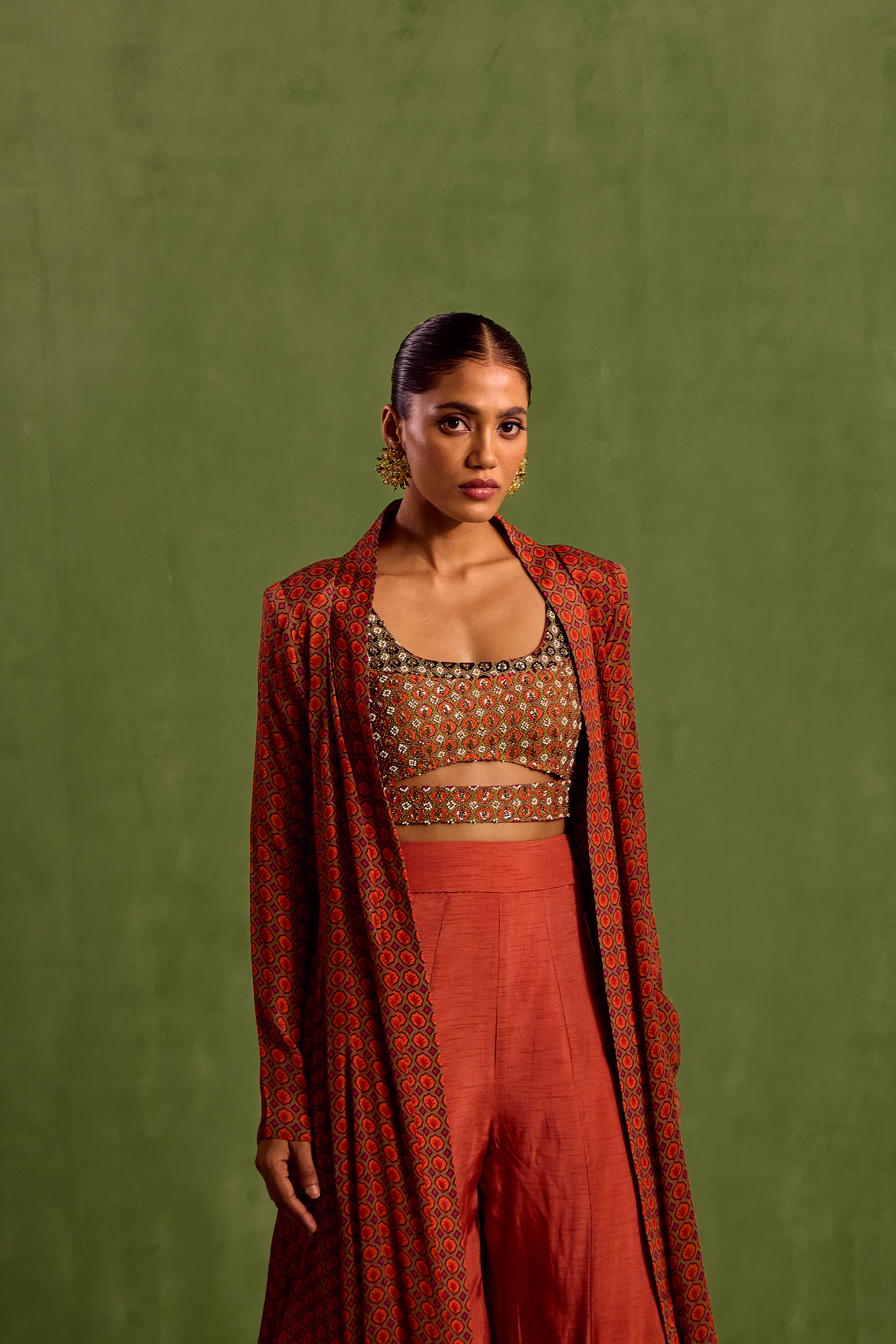 Orange Print Floral Butti Blouse Scoop Neck Jacket Sharara Set