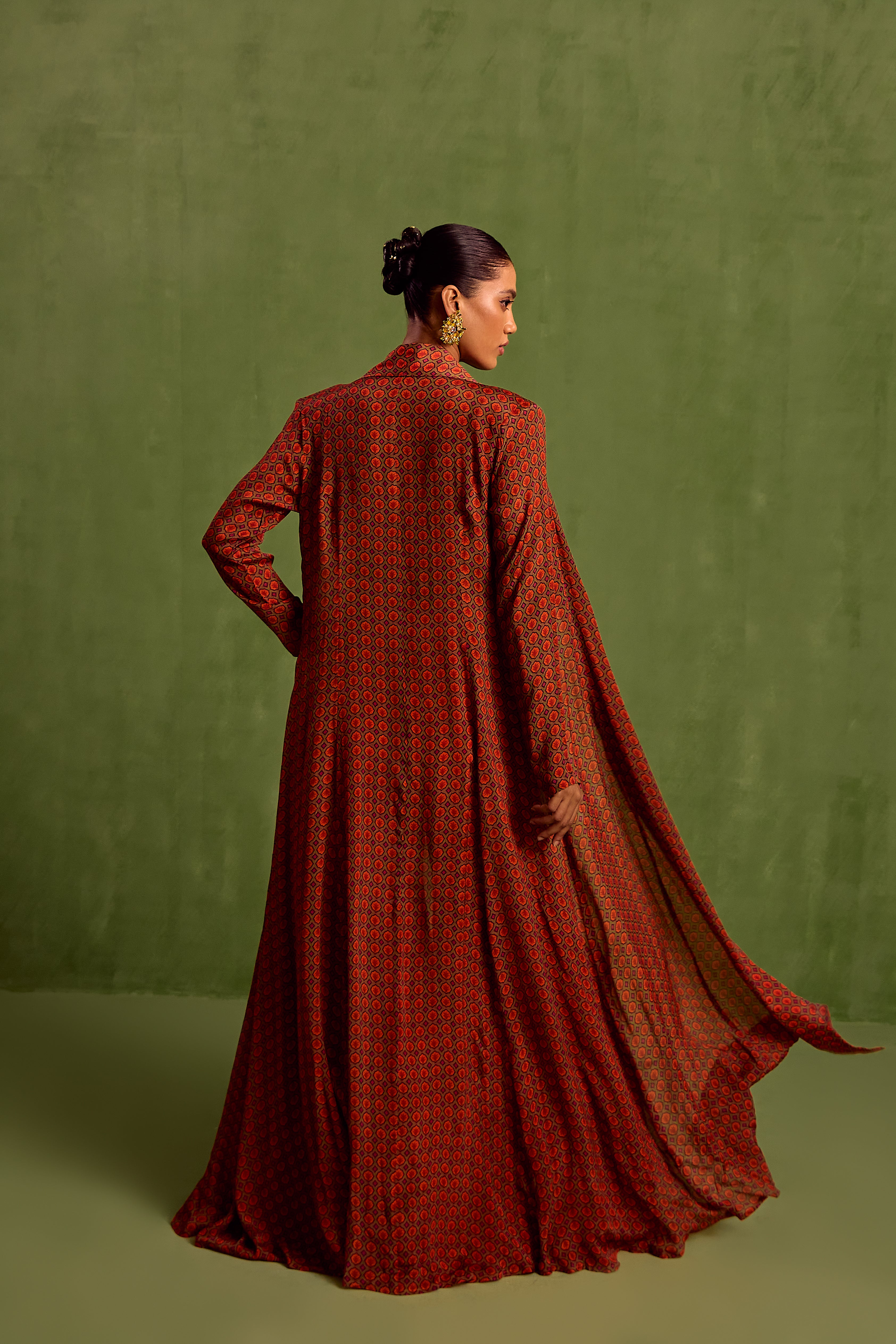 Orange Embellished Bead Cape Geometric Printed Draped Skirt Set