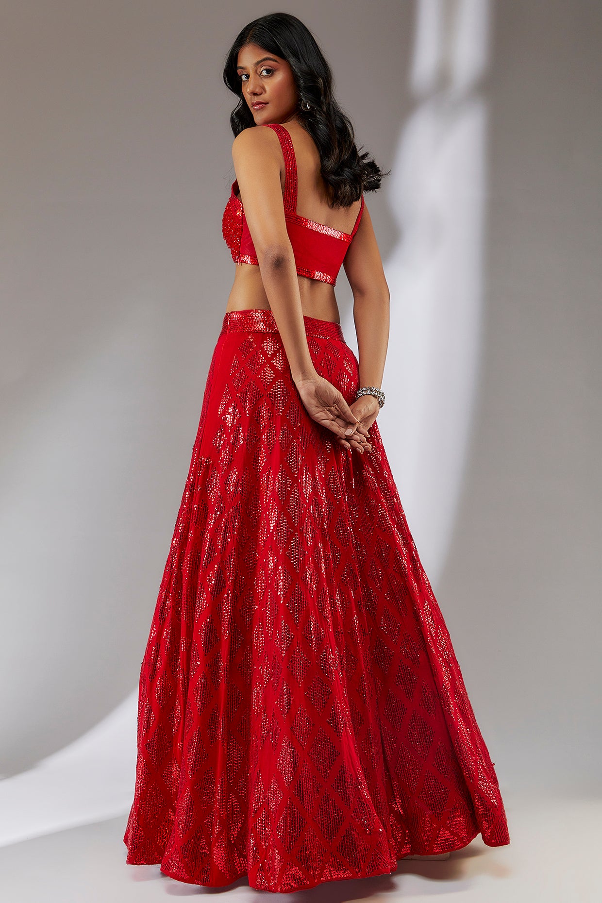 Red hand embroidered sequin lehenga set