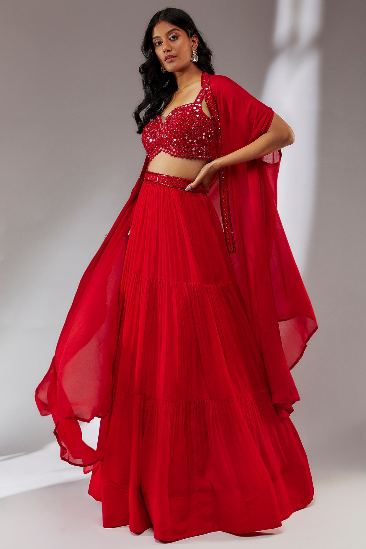 Red mirror Embroidered cape lehenga set