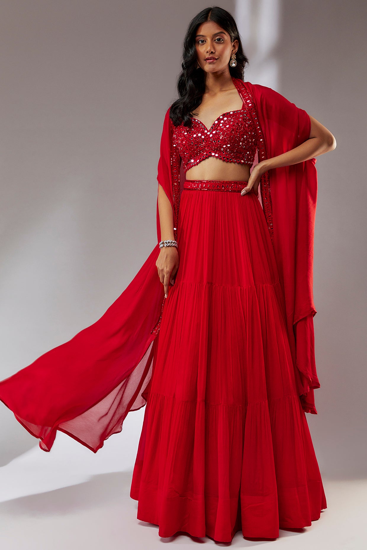 Red mirror Embroidered cape lehenga set