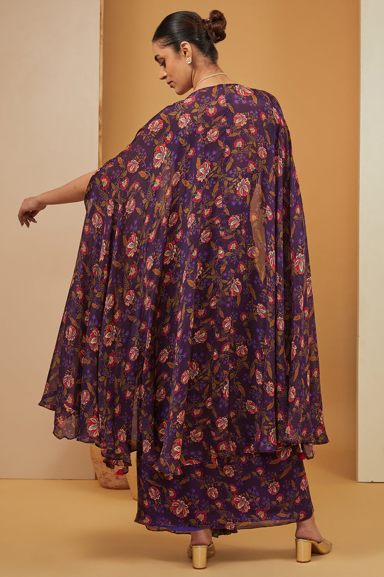 Purple Viscose Chinon Print Floral Bloom Cape Draped Skirt Set