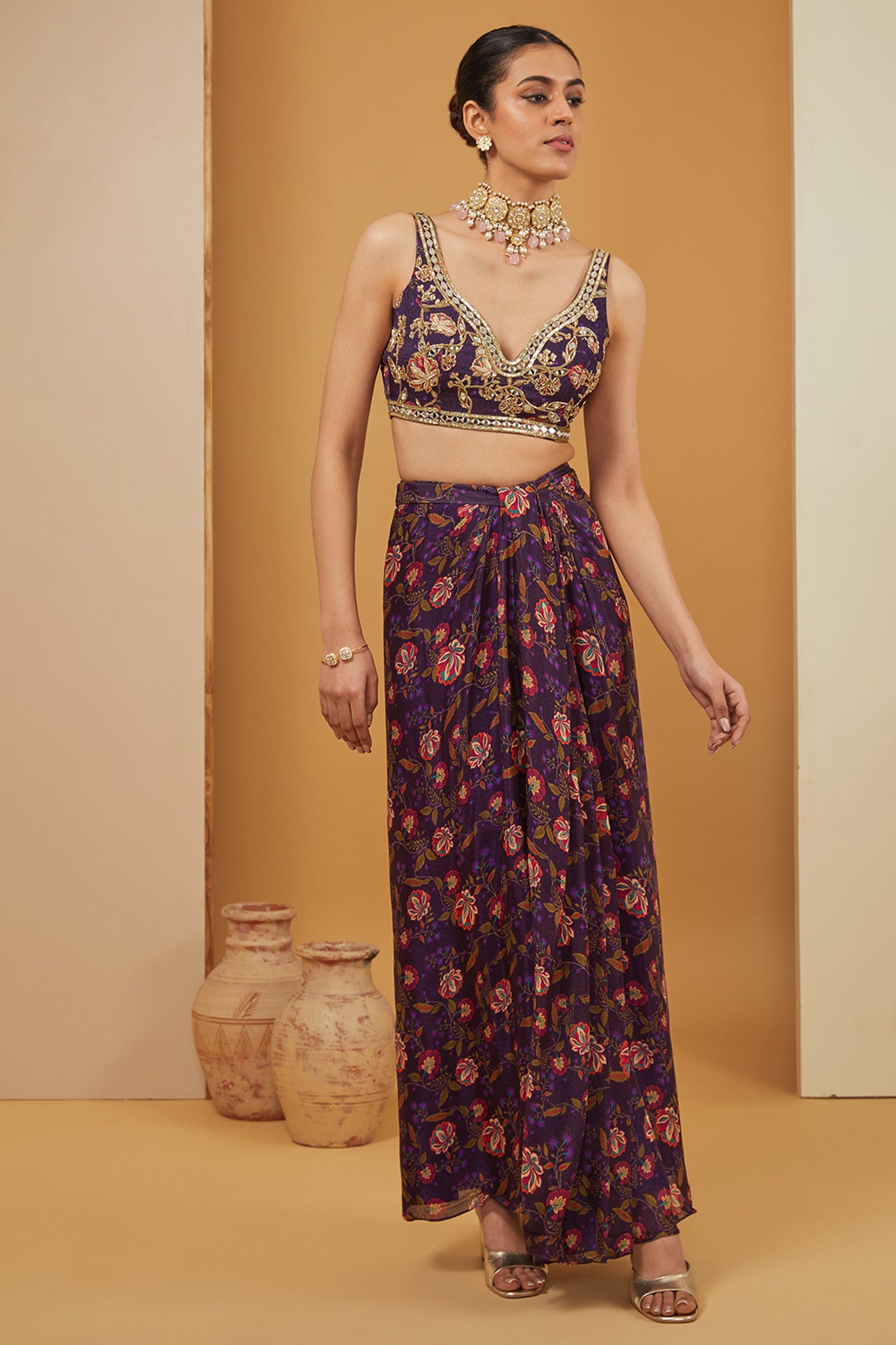 Purple Viscose Chinon Print Floral Bloom Cape Draped Skirt Set