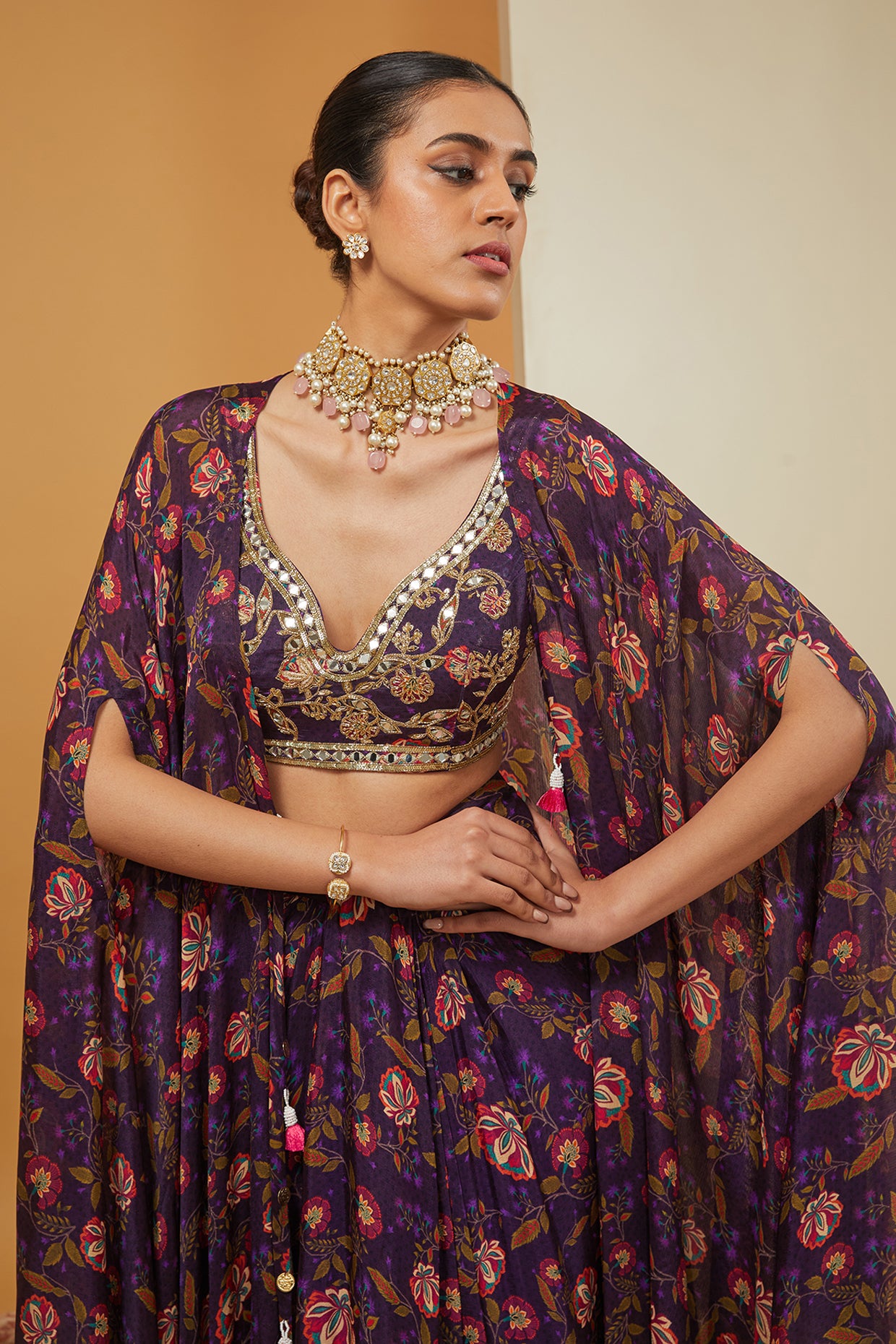 Purple Viscose Chinon Print Floral Bloom Cape Draped Skirt Set
