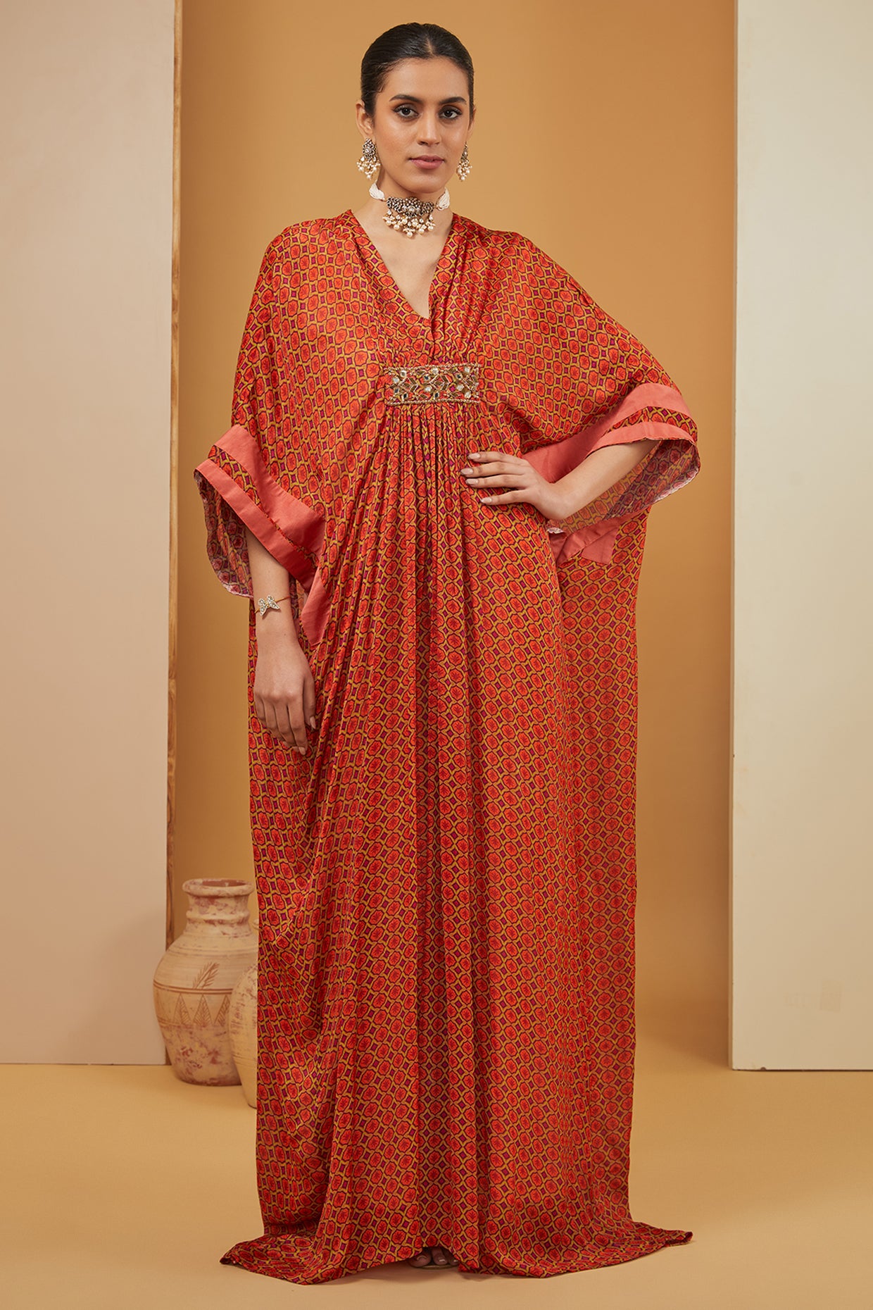 Orange Viscose Chinon Print Geometric Jaal V Neck Kaftan