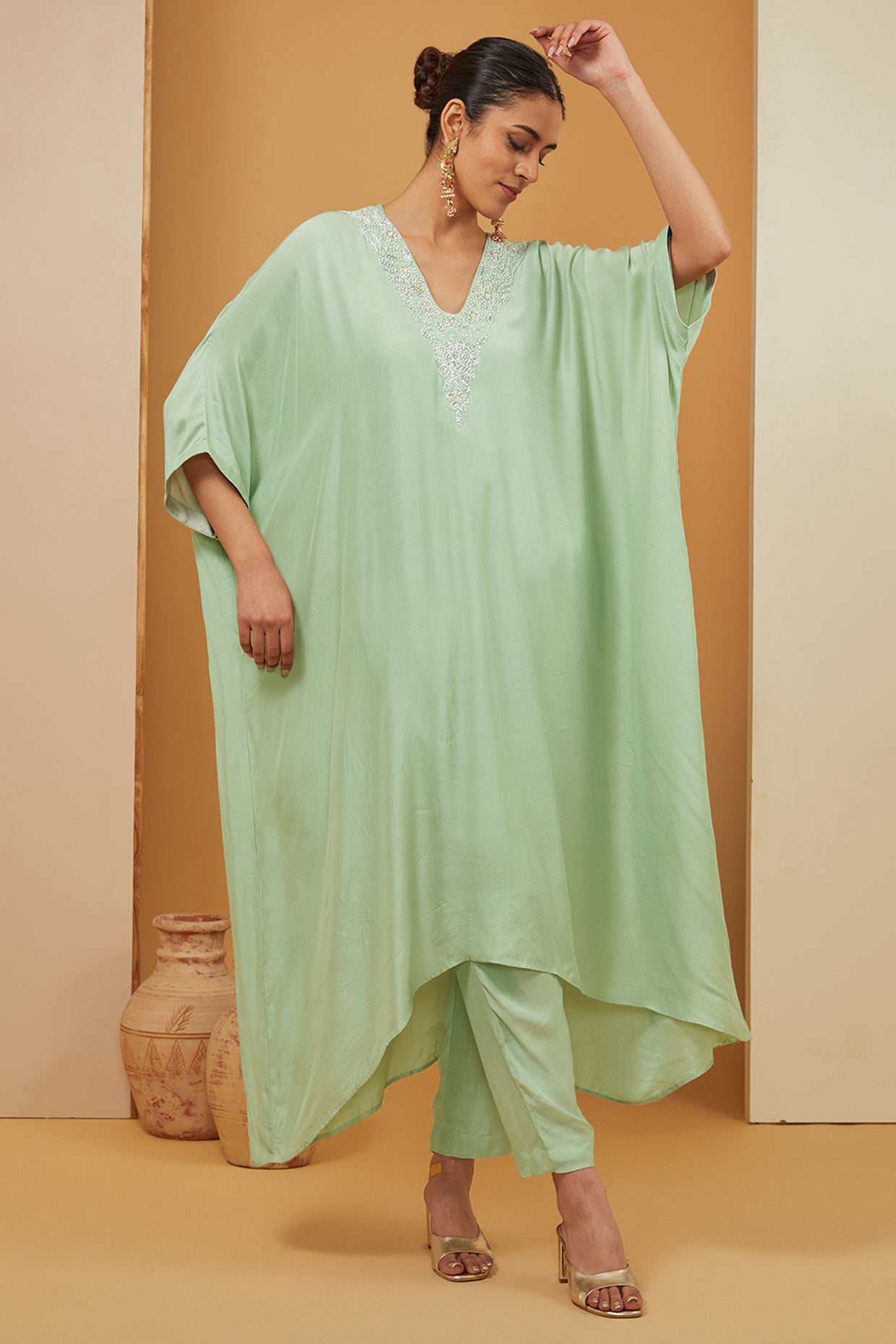 Mint Chanderi Silk Kaftan Kurta And Palazzo Set