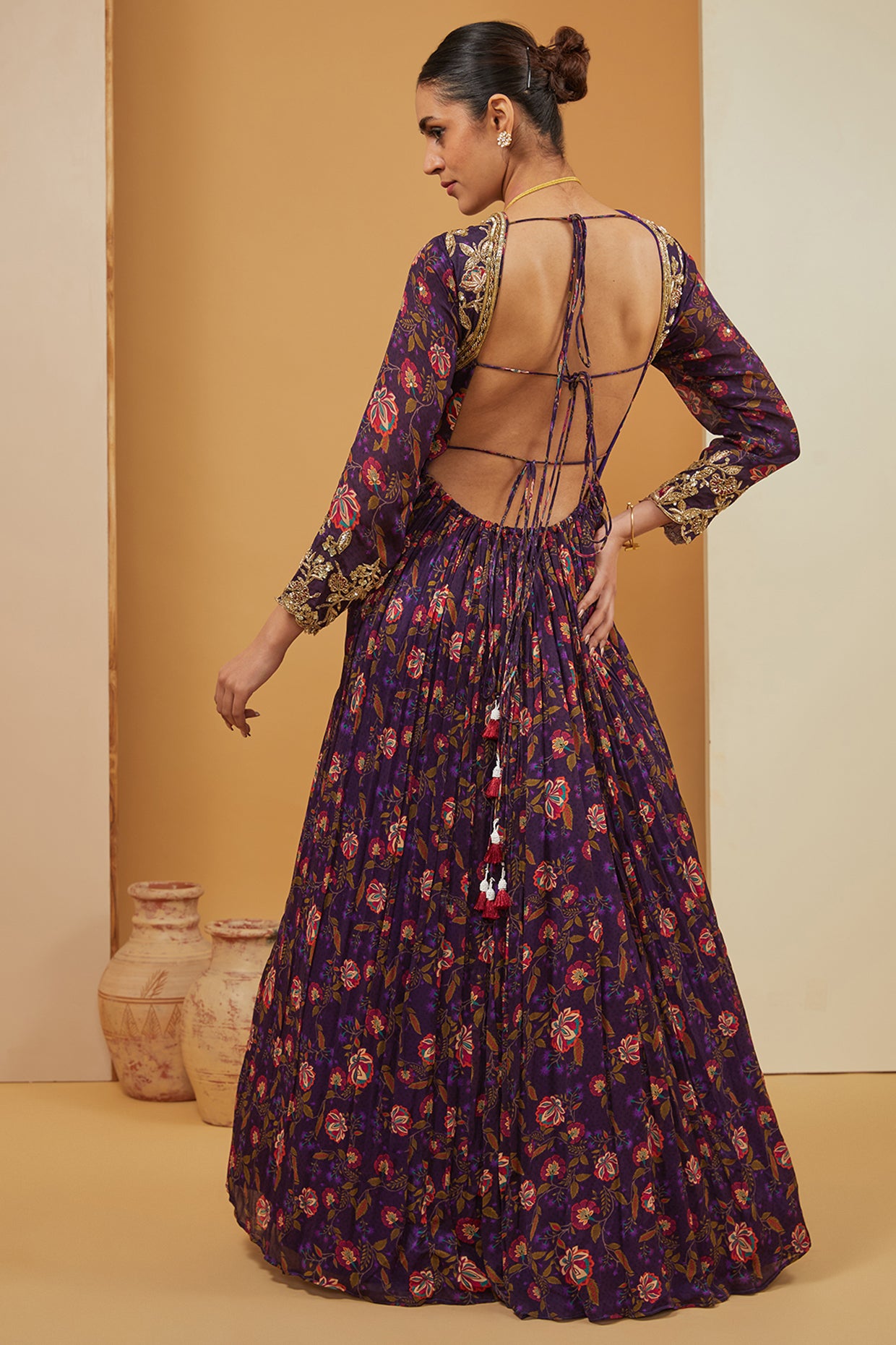 Purple Viscose Chinon Print Floral V Neck Bloom Anarkali With Dupatta
