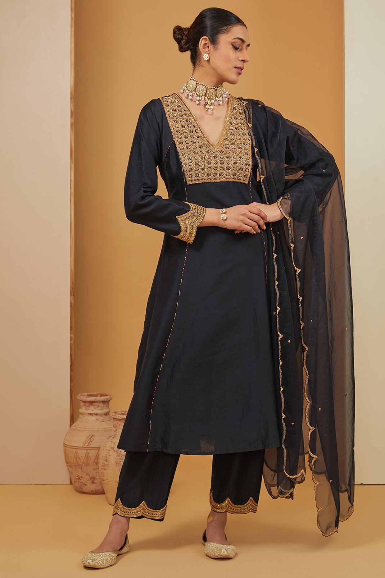 Black Chanderi Silk Placement Hand Embroidery Straight Kurta Pant Set