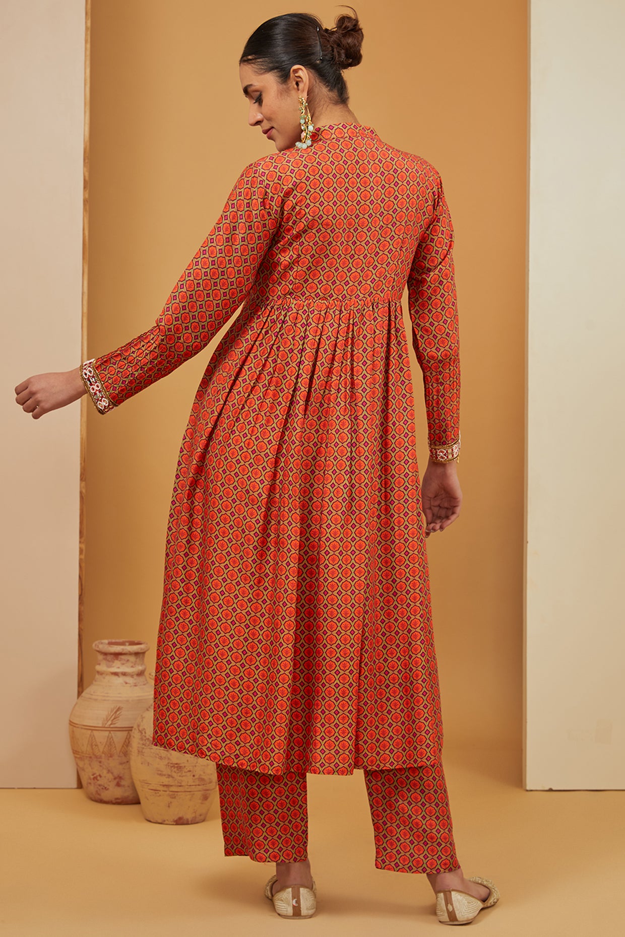 Orange Chanderi Silk Print Geometric Jaal Notched Neck Kurta Pant Set For Women