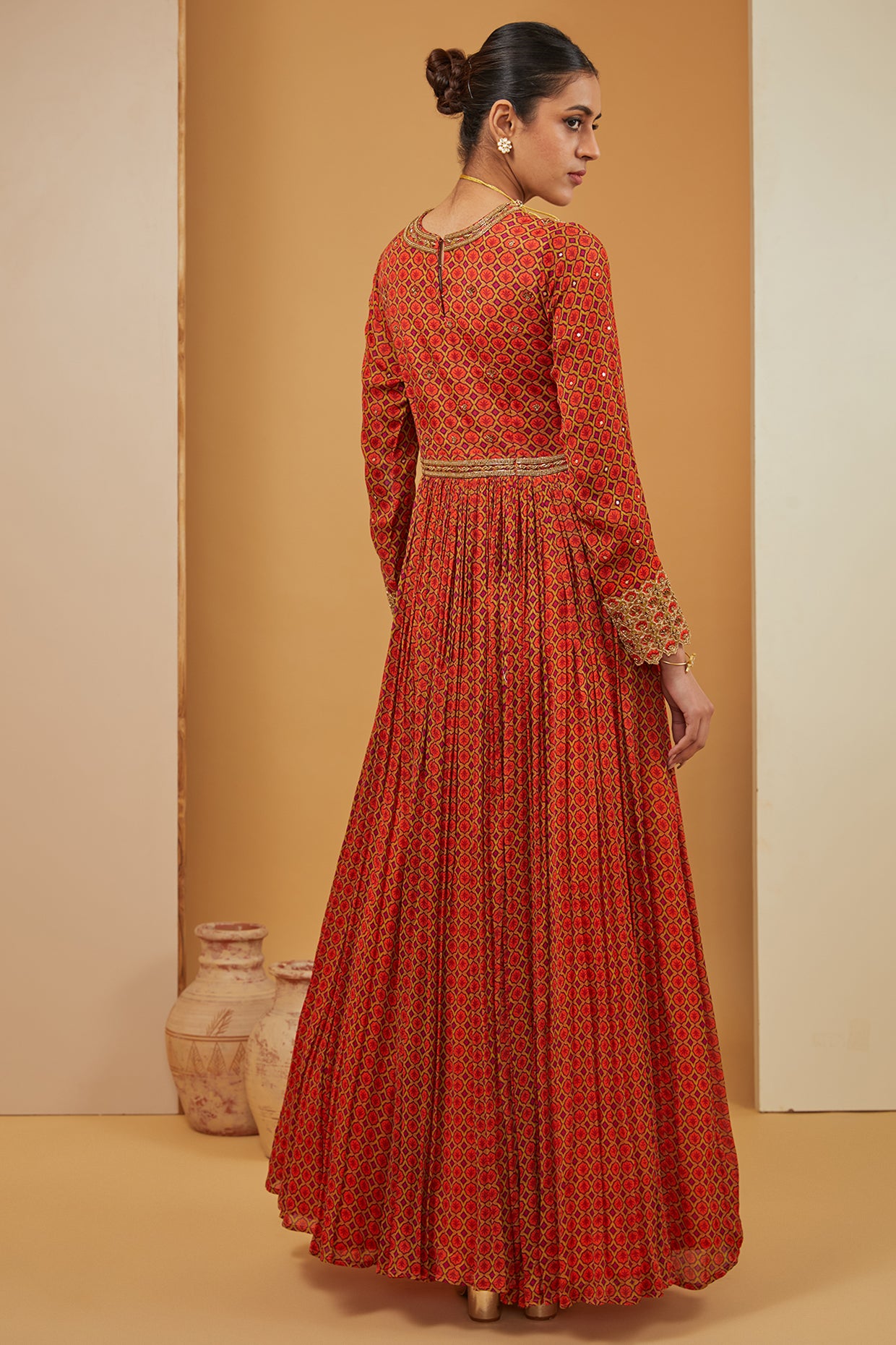 Orange Viscose Chinon Print Geometric Jaal V Anarkali With Dupatta