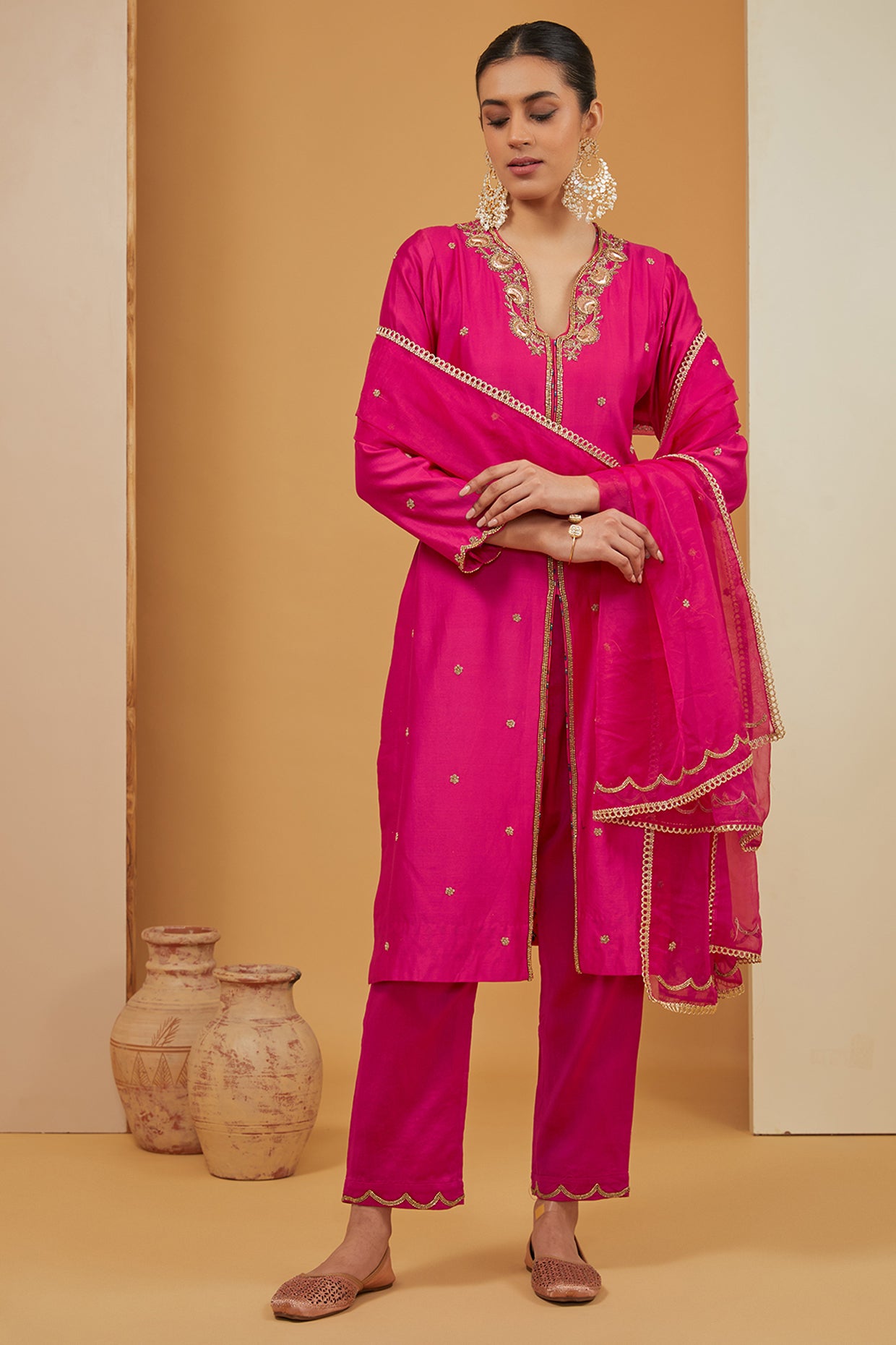 Pink Chanderi Silk Hand Embroidery Zari V Neck Kurta Pant Set