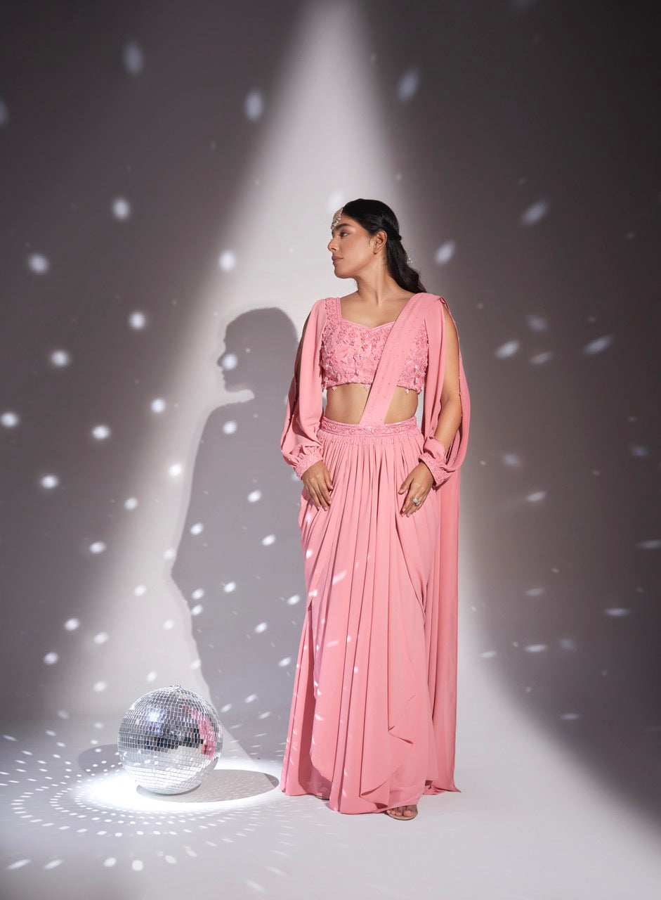 Draped Dhoti Saree with attached belt and Slit sleeved Blouse with emb