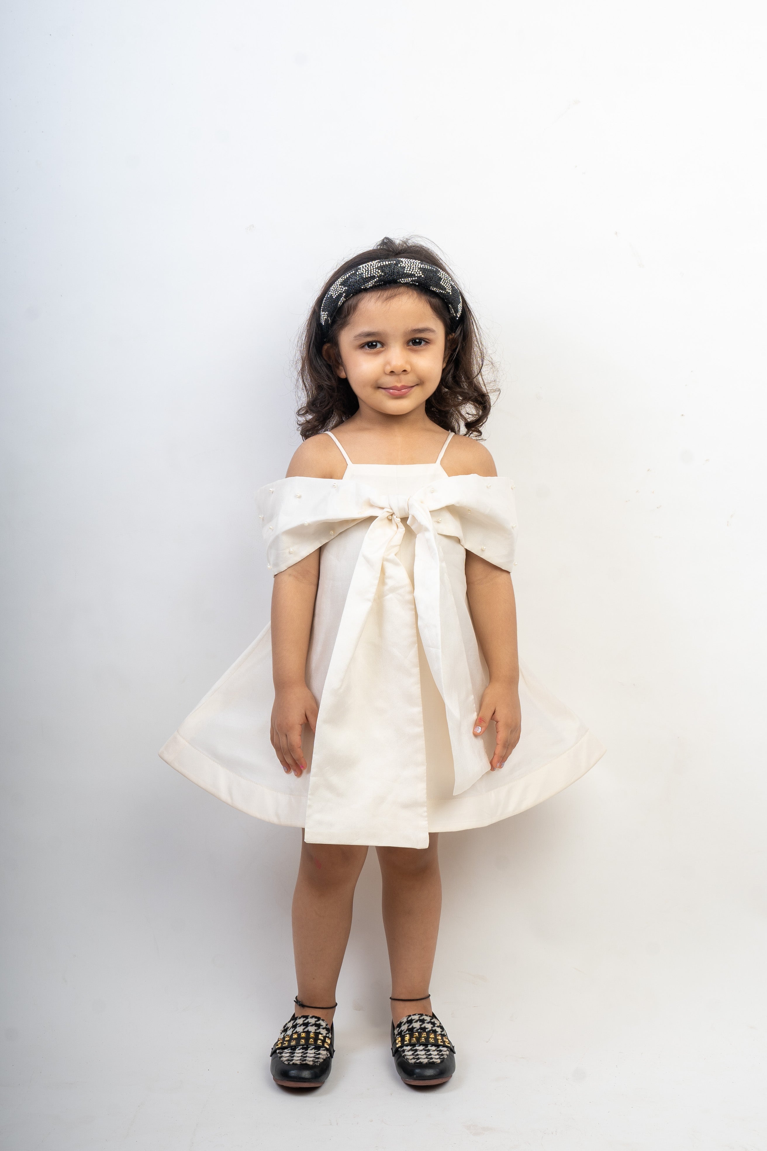 White Bow Dress with Pearls