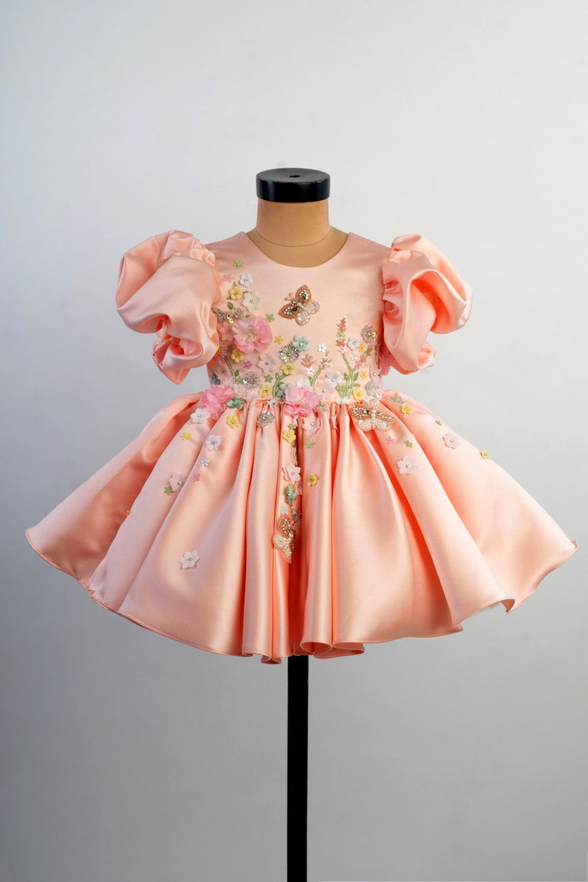 Peach Embroidered Luxury Satin Dress