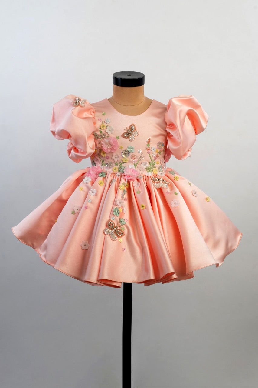 Peach Embroidered Luxury Satin Dress