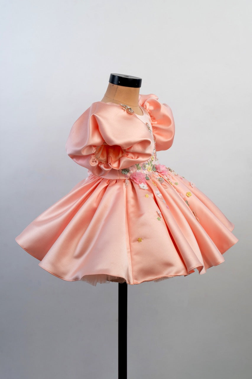 Peach Embroidered Luxury Satin Dress