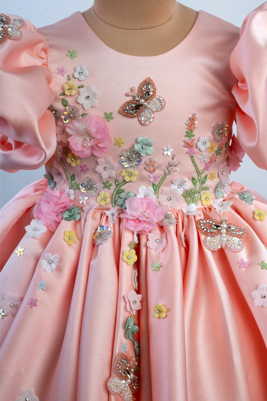 Peach Embroidered Luxury Satin Dress