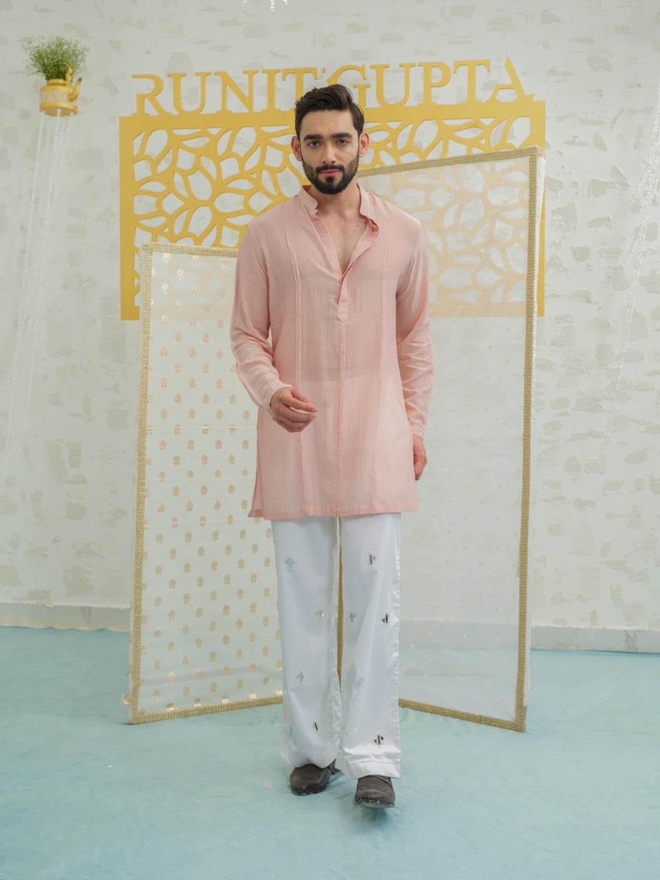 Pleat Pink kurta with Embroidered Pants