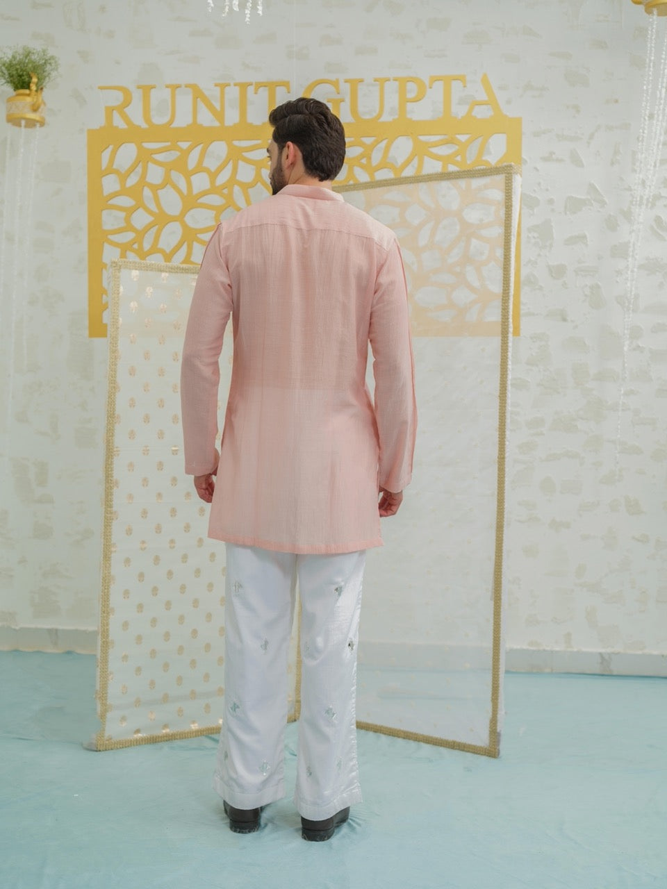 Pleat Pink kurta with Embroidered Pants